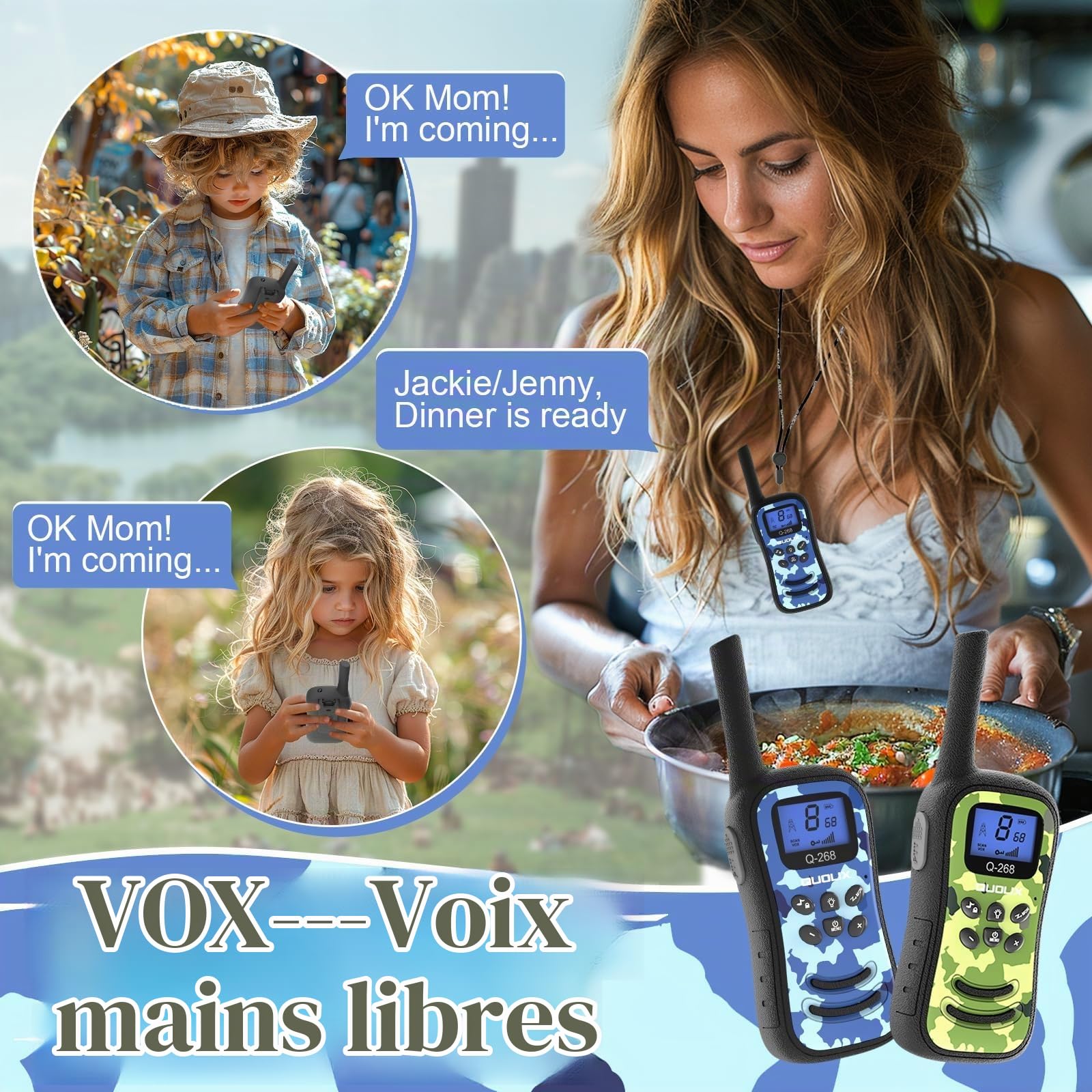 QUOLIX Talkie Walkie pour Enfants, Rechargeables Talkies-Walkies 2 Voies Longue Portée 8 Canaux avec Fonction Vox, Cadeau pour Filles Garçons de 3 à 12 Ans (Camouflage_Bleu+Vert)