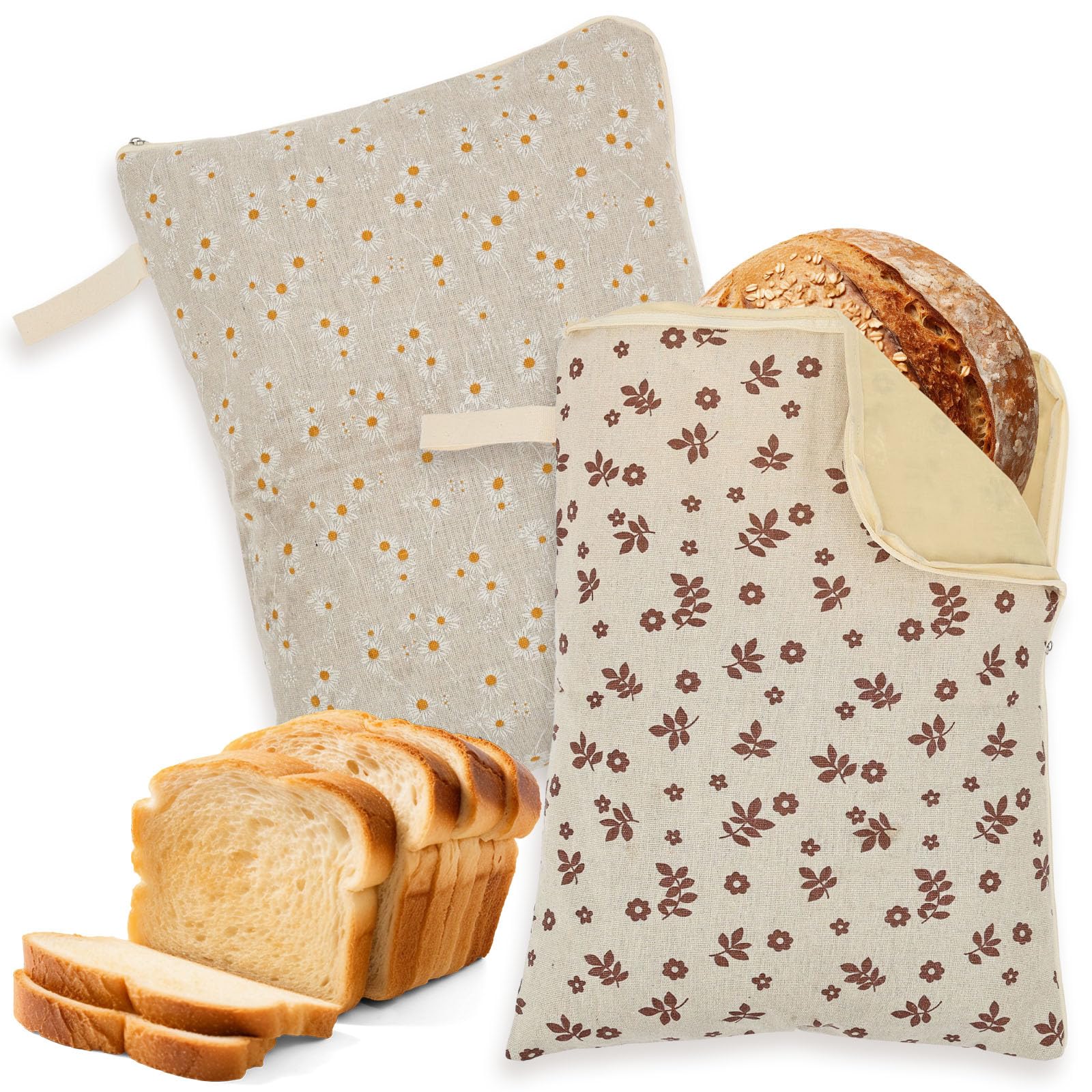 2 Pack Beeswax Bread Bags, Resusable Natural Beeswax-Cotton Linen Storage Bag with Zipper and Handle, Freshness Keeper for Homemade, Sourdough, Bakery Essentials(Sytle 2)