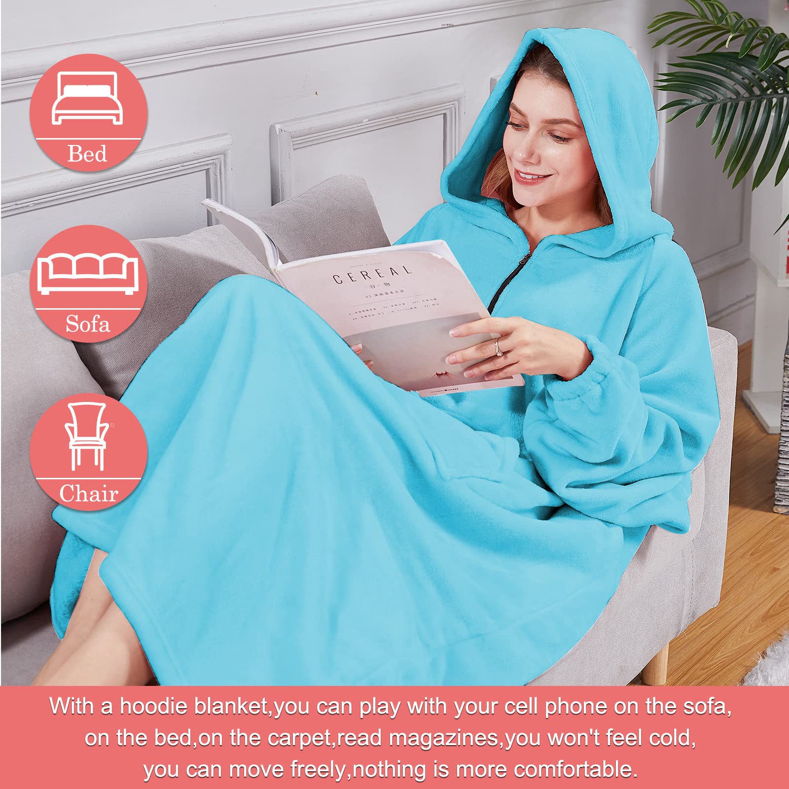 Genfien Oversized Hoodie Sweatshirt Blanket Super Soft Warm Comfortable Blanket Hoodie One Size Fits Women Girls Men Boys Friends Pale Blue - Image 3