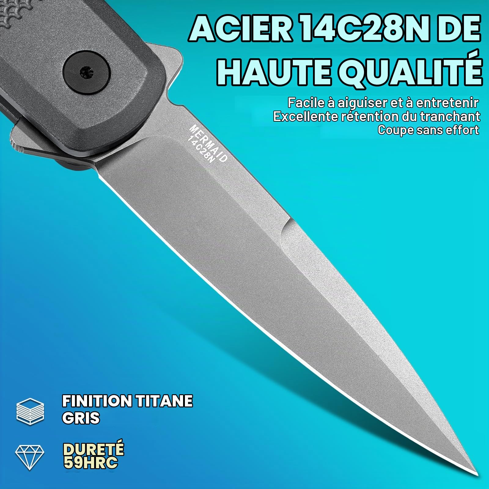 NedFoss MERMAID II couteau pliant, 14C28N acier couteau survie, Longueur lame 7.5 cm, Poignée en aluminium à poids réduit, clip ceinture, button lock, mini couteau de poche