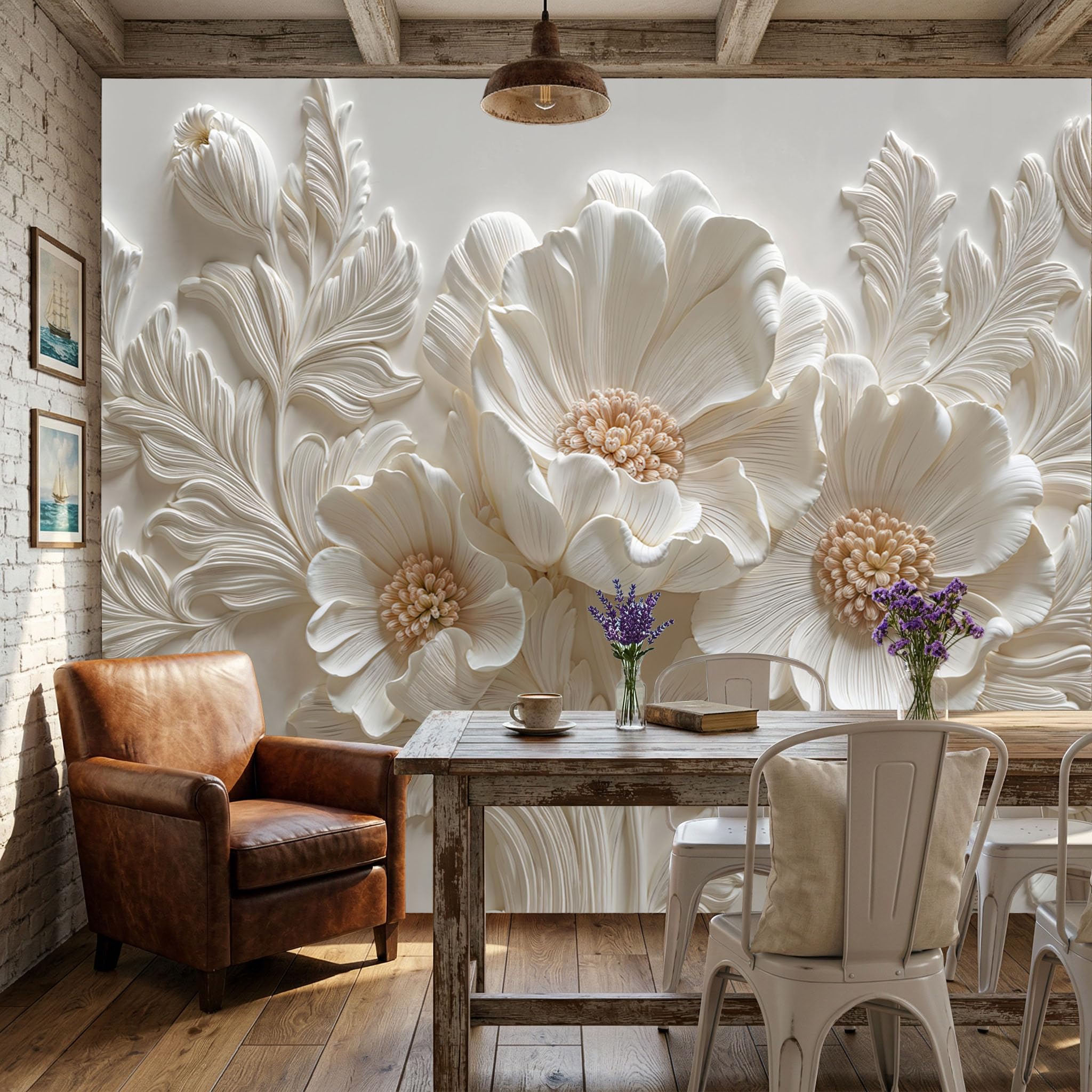 3D Carta Da Parati Panoramica Fiori E Foglie In Gesso, 350x256cm Carta Da Parati in Seta Arte Del Rilievo Classica, Decorazioni Murali per Camera, Soggiorno, Poster Xxl Da Parete Grande Affiche