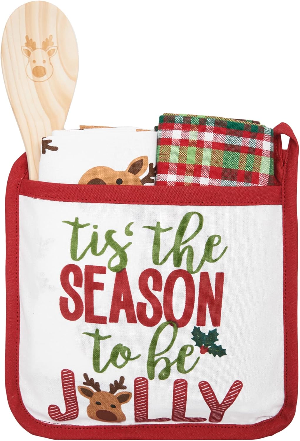 C&F Home Tis The Season to Be Jolly Christmas Reindeer Potholder Gift Set of 4 Embroidered Pot Holder Printed Kitchen Towel Plaid Kitchen Towel and Mixing Spoon Red