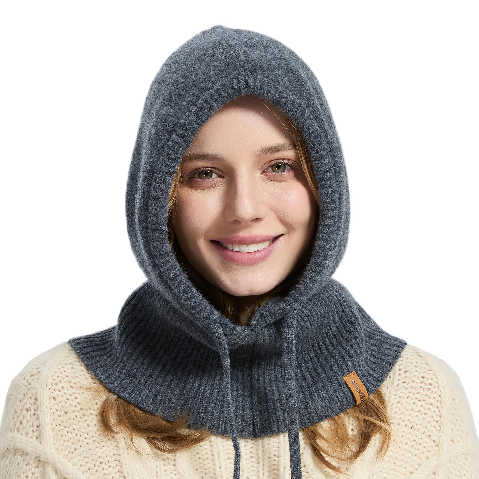 ACUSHLA 100% Merino Wool Balaclava for Women & Men Winter Warm Knit Hooded Scarf Hoodie Hat and Scarf Set in One
