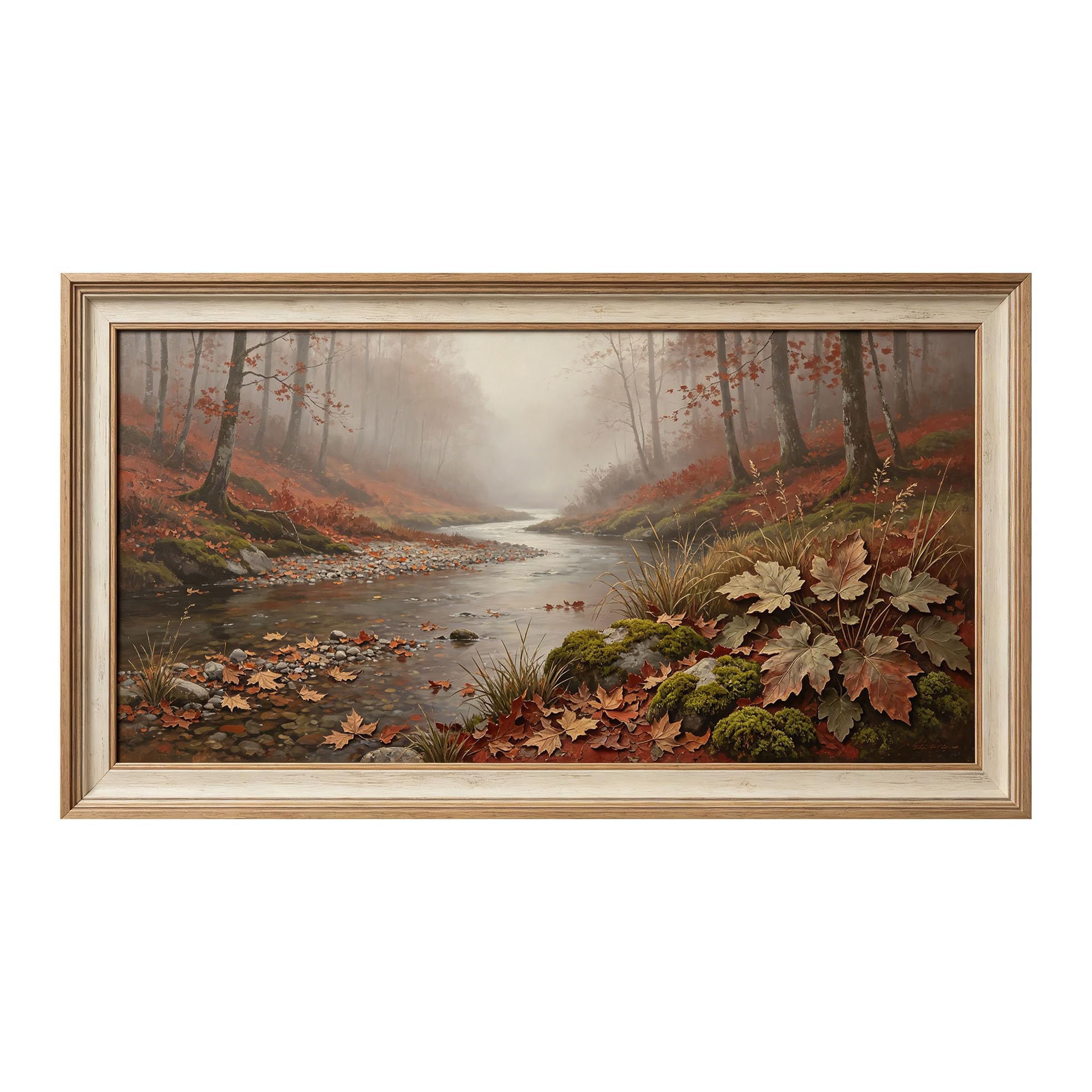 Yzpallescene 3D Framed Wall Art 50cm×100cm Misty Autumn River Landscape Oil Painting Panoramic Realistic Large Size SelfAdhesive Removable Wall Decor Prints Artwork for Living Room Bedroom Office