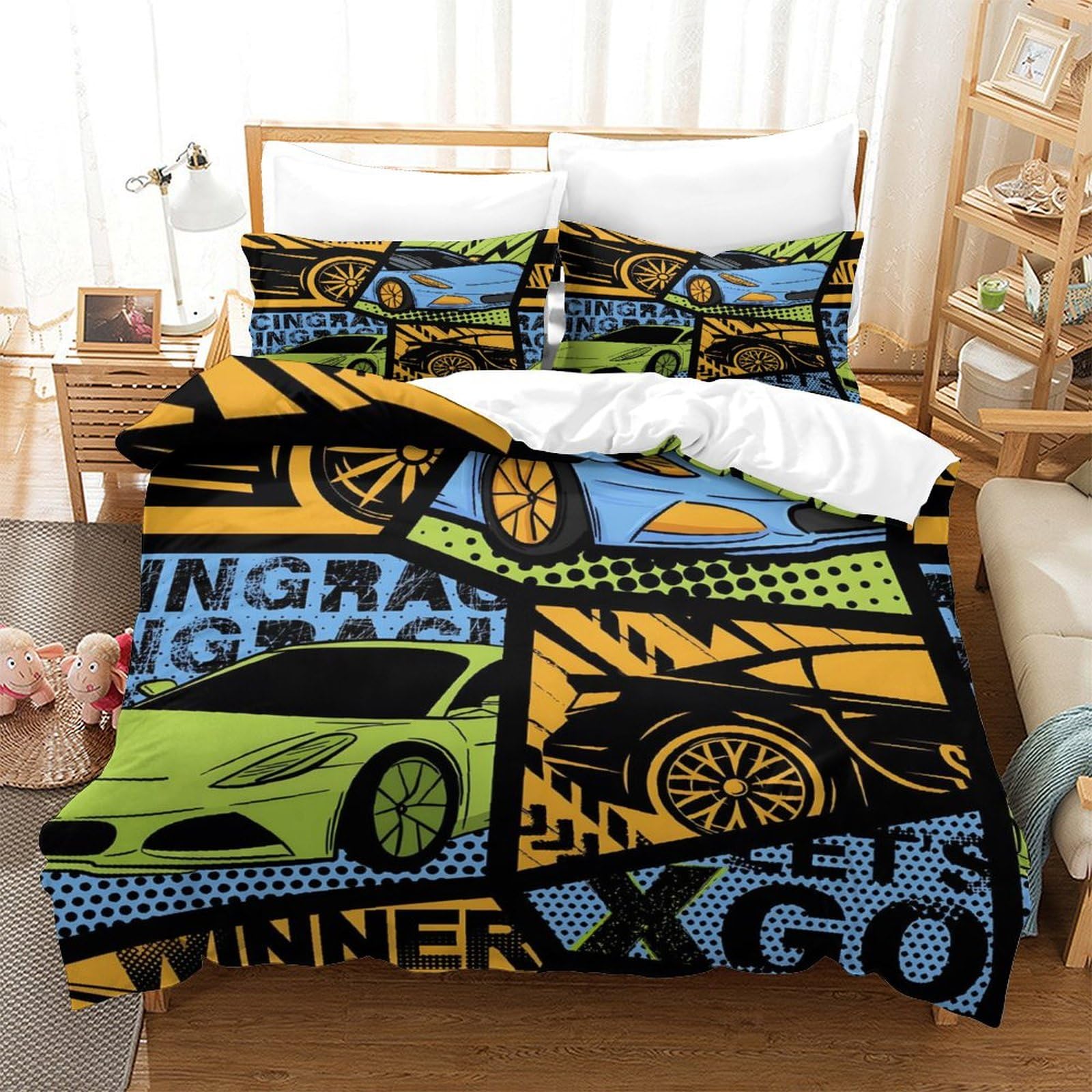 LIAOHENKAN Racing Car Race Sports Car Bedding Set Full Size for Kids Boys Girls 3Pcs Ultra Soft Comforter Set with Zipper Closure Breathable Duvet Cover Set Bedclothes Single（140x200cm）