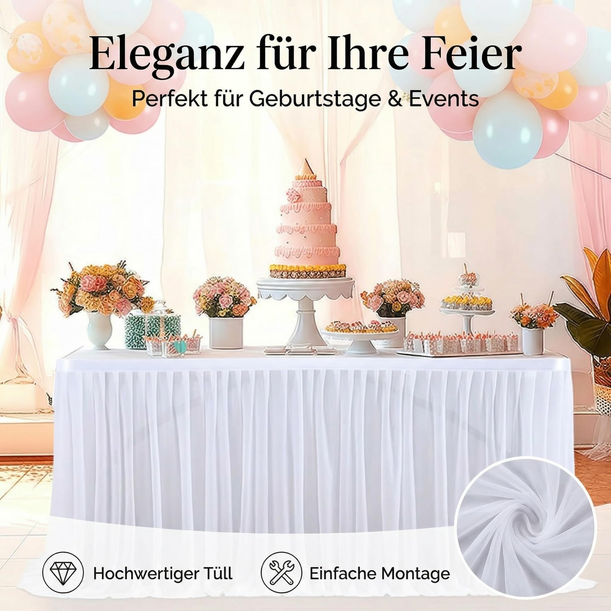 Weißer Tüll Tischrock 14FT – 427×77cm Tischröcke für Hochzeit & Party, Tutu Tischdeko für Babyparty, Candy Bar, Geburtstage & Dessert Tische, Elegante romantische Tischdekoration