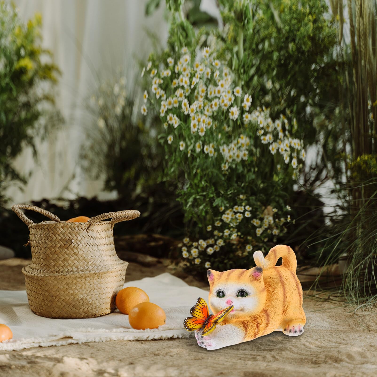Happyyami Ornament Solar-Katzenstatue mit Schmetterling Outdoor-Gartenstatuen Kunstharz-Katze Dekorative Solar-Tierlampe Solarleuchten für Den Außenbereich Katze mit Schmetterlingslicht | Gelbe Ausführung, Dekoratives Katzenmodell für Raumgestaltung, Deta