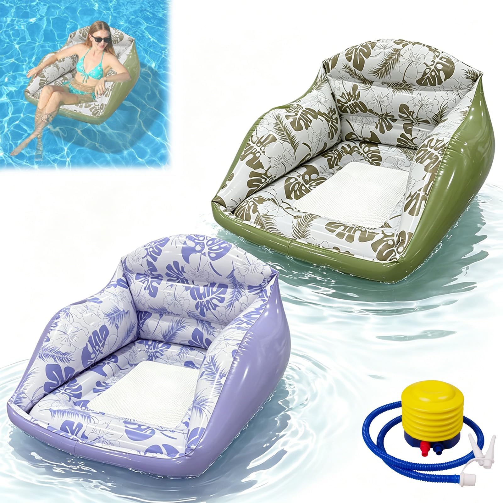 ZVD Bouée Piscine Gonflable Fauteuil Chaise Piscine Adulte Plage | Transat flottant 3-en-1 adulte,vanne anti-fuite, siège maille, motif tropical, 2 coloris,pour piscine plage rivière