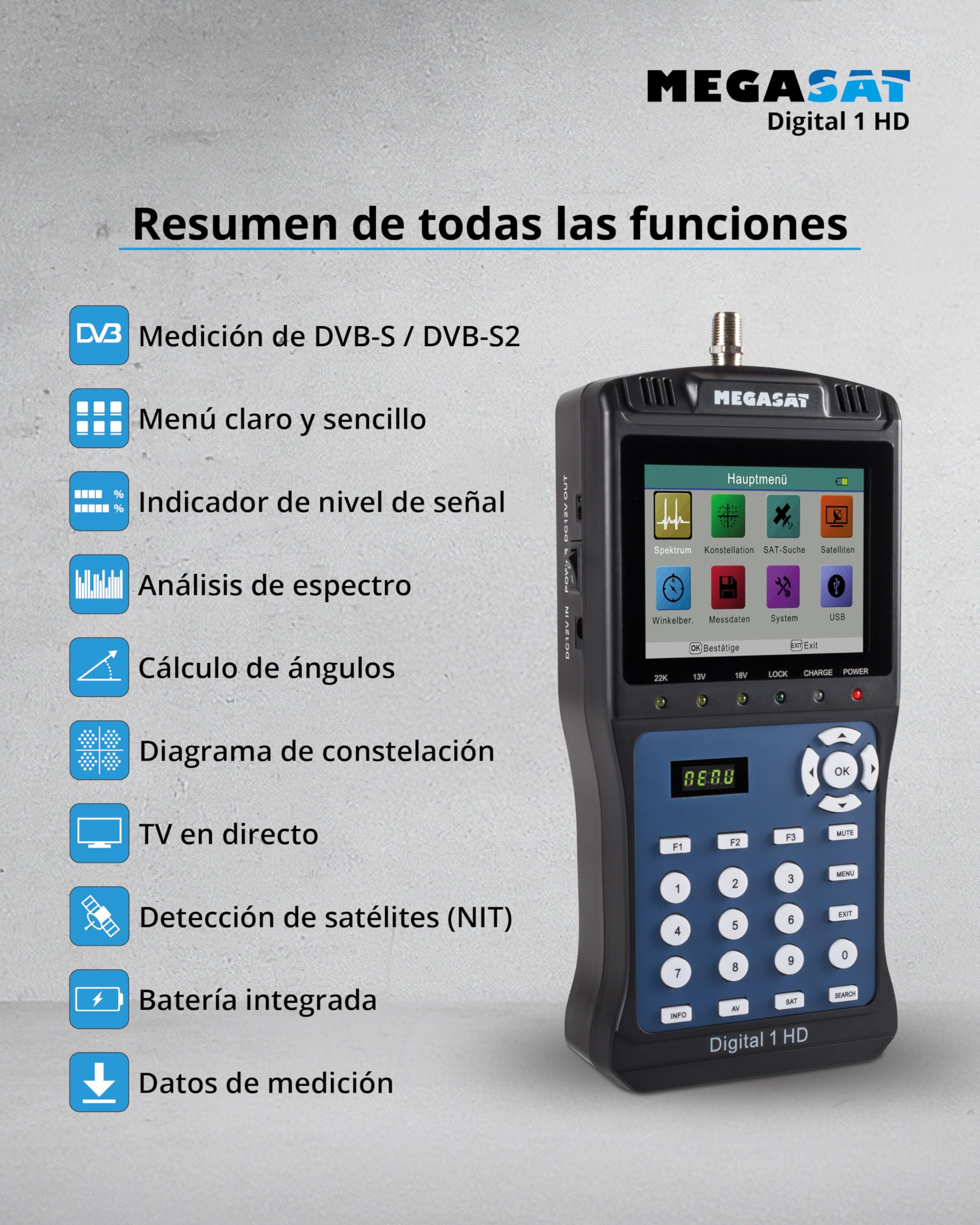 Megasat Digital 1 HD – Medidor de señal satélite, Imagen de TV en Directo | Para DVB-S & DVB-S2, pantalla a color de 3,5", Unicable, batería