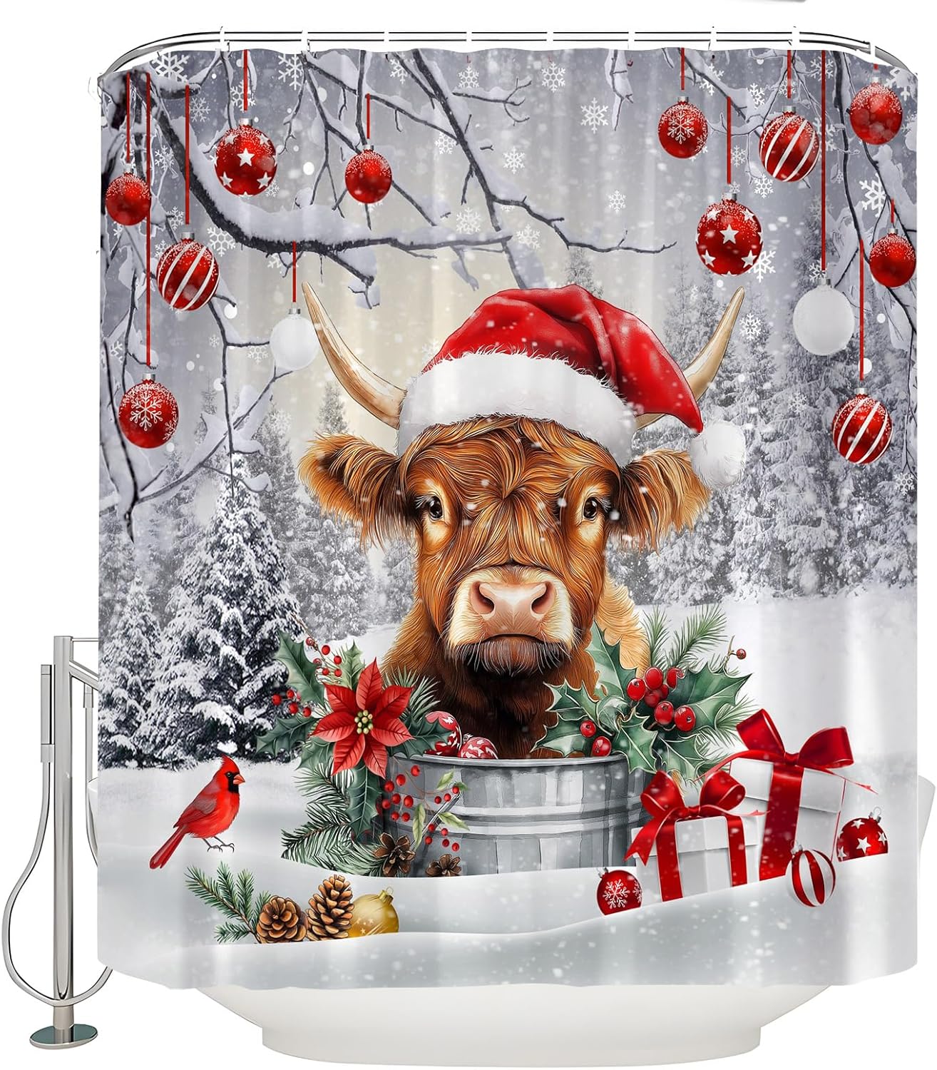 Christmas Highland Cow Shower Curtain Pink Xmas Ball Farmhouse Animal Cattle Rustic Forest Snowy Pine Tree Snowflake Winter Holiday Fabric Bathroom Decor Curtain with Hooks,70x83.8 Inch