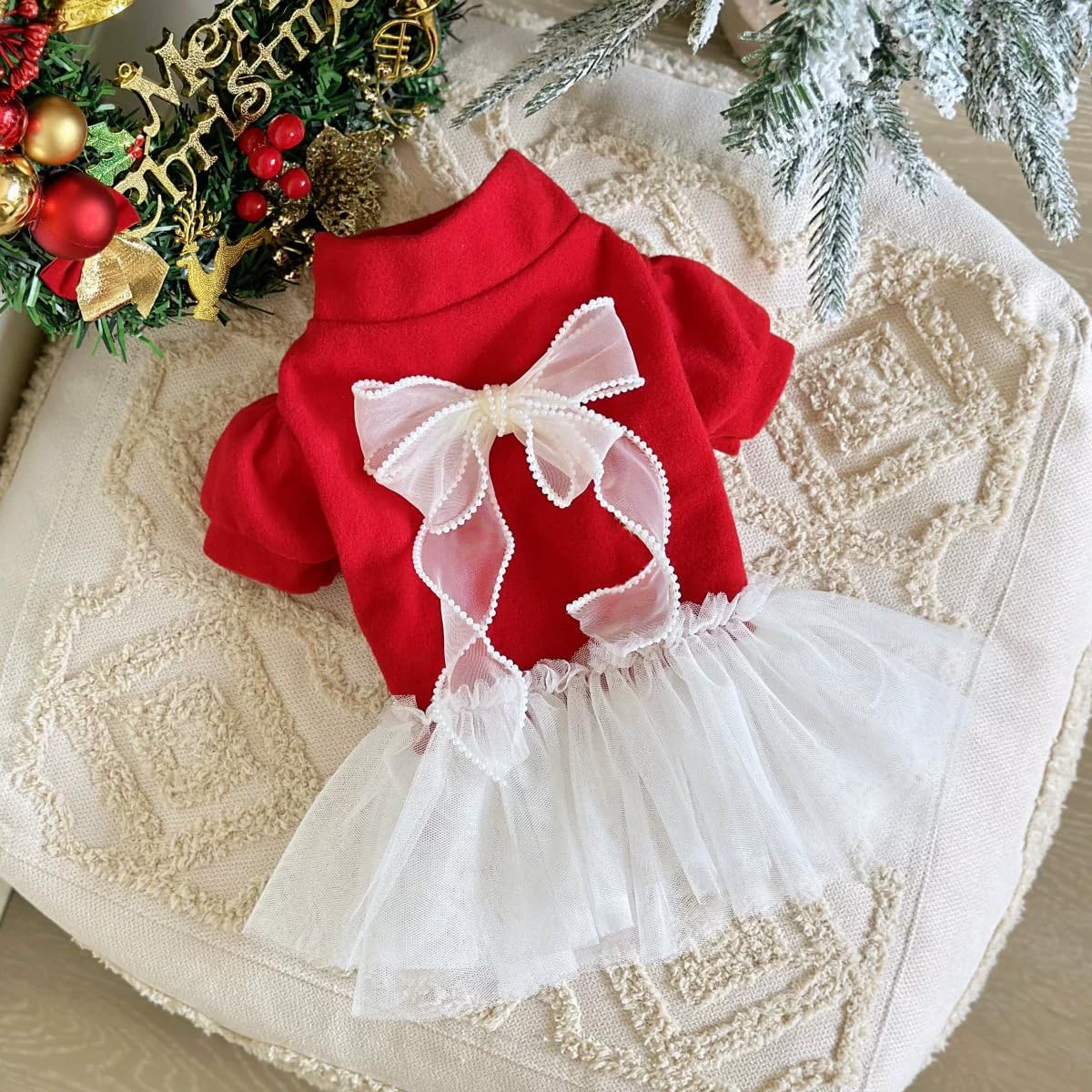 Robe de Noël pour Animal de Compagnie, Motif Tulle Rouge et Blanc avec nœud, Tenue de Vacances pour Petits Chiens et Chats (Rouge, XL(5-7.3kg))