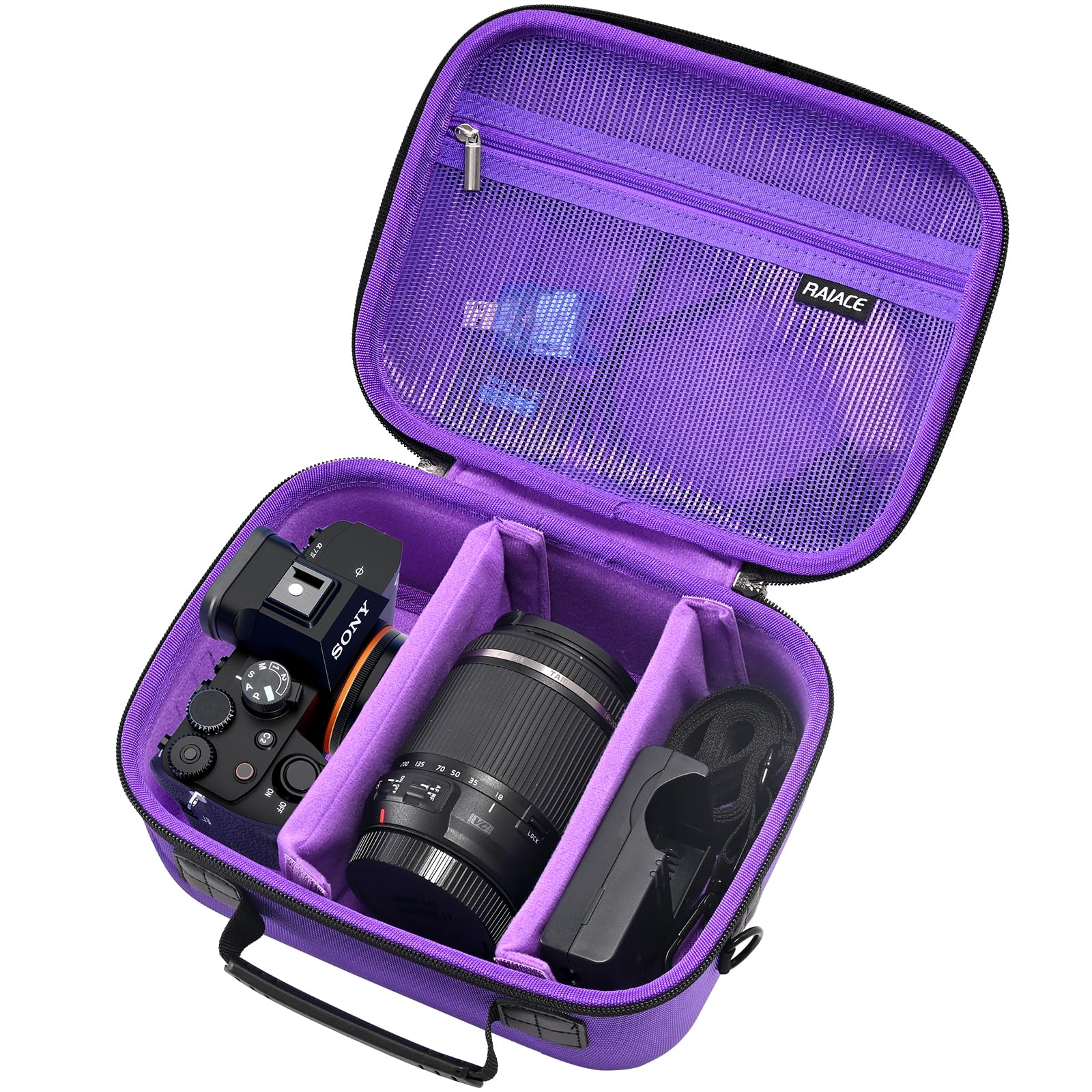 RAIACE Hard Case Compatible with Sony Alpha 7 II III IV/7R V Camera, for Nikon, for Canon, for Pentax and More. Mesh Pocket for Charger, Cables, Cards and Accessories. (case only) (Purple)