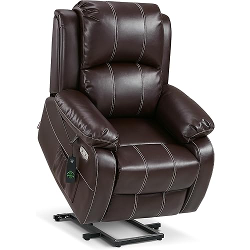 MCombo Small-Regular Power Lift Recliner Chair with Massage and Heat for Petite Elderly People, 3 Positions, 2 Side Pockets, USB Ports, Faux Leather 7408 (Dark Brown, Small-Regular)