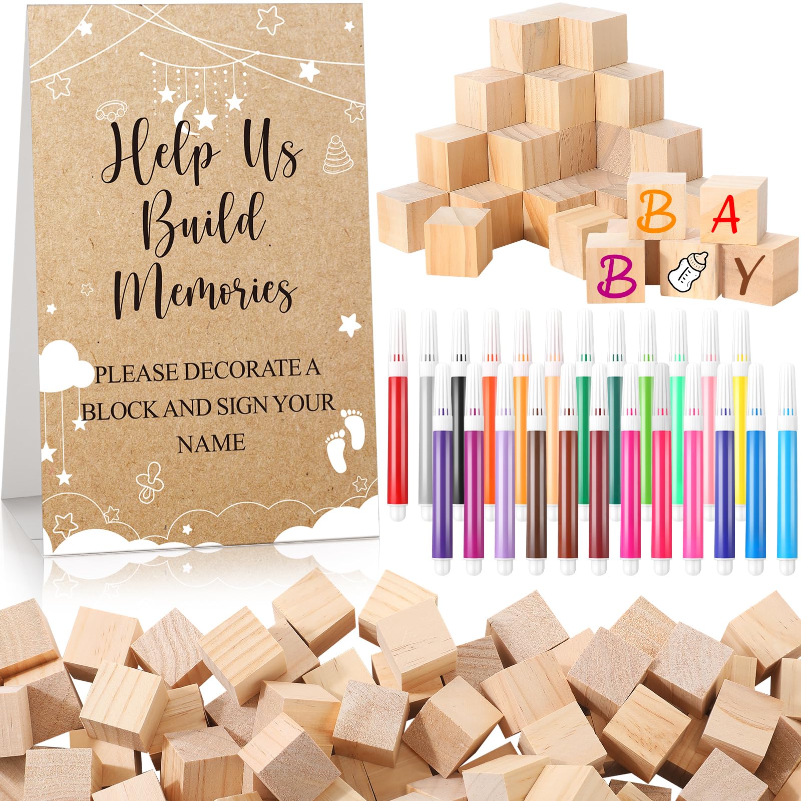 Baby Shower 125-Piece Block Game Set - DIY Wooden Blocks + Markers Baby ...
