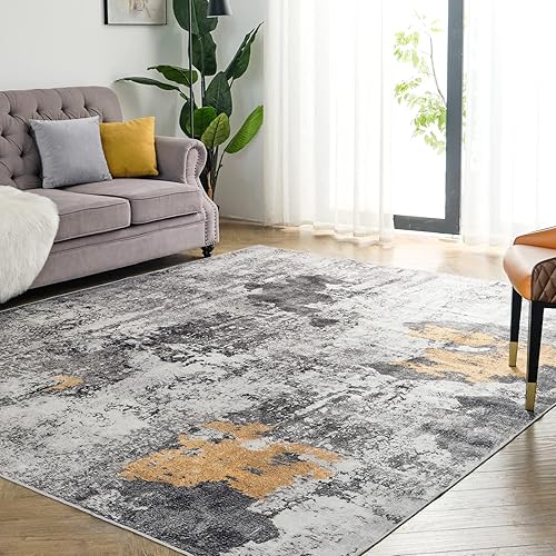 OIGAE Washable Rug 8x10, Abstract Modern Area Rugs with Non-Slip Backing, Non-Shedding Floor Mat Throw Carpet for Living Room Bedroom Kitchen Laundry Home Office, Grey/Yellow