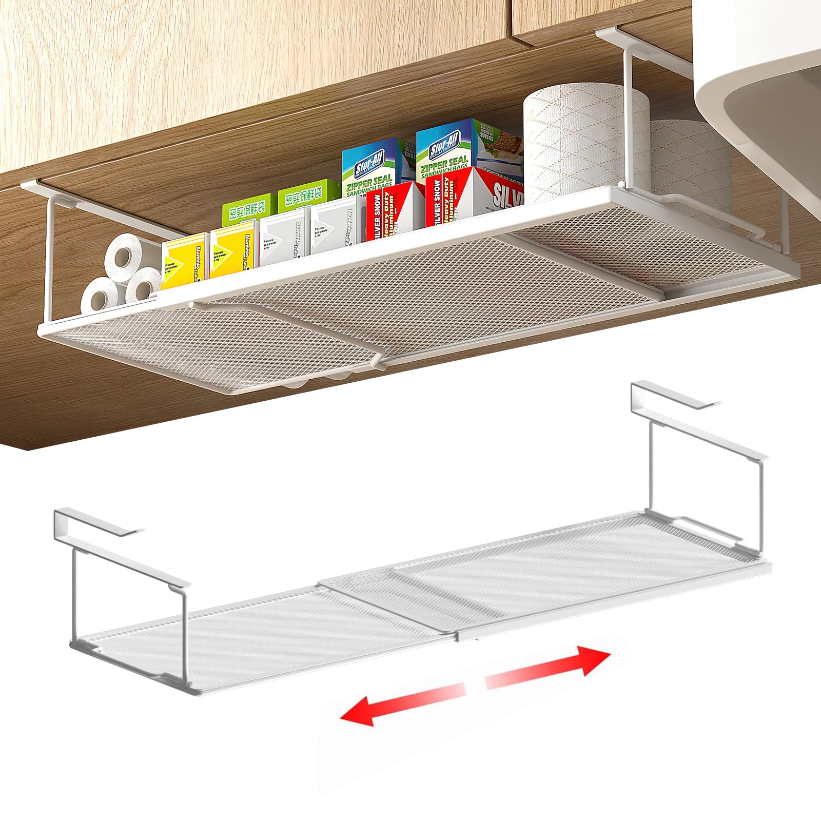2 Pack Under Shelf Storage Basket Organizer, Expandable Hanging Kitchen Baskets for Cabinet Pantry Cupboard Desk Counter Bookshelf Organization Add-on Space Saver, White