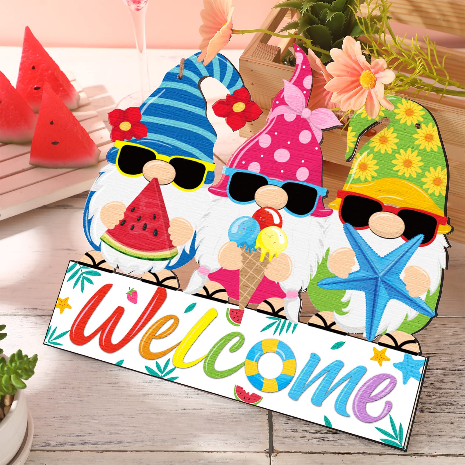 Hello Summer Hanging Sign – Flamingo Welcome Decor For Front Door, 10x10 Inch Round Wooden Sign