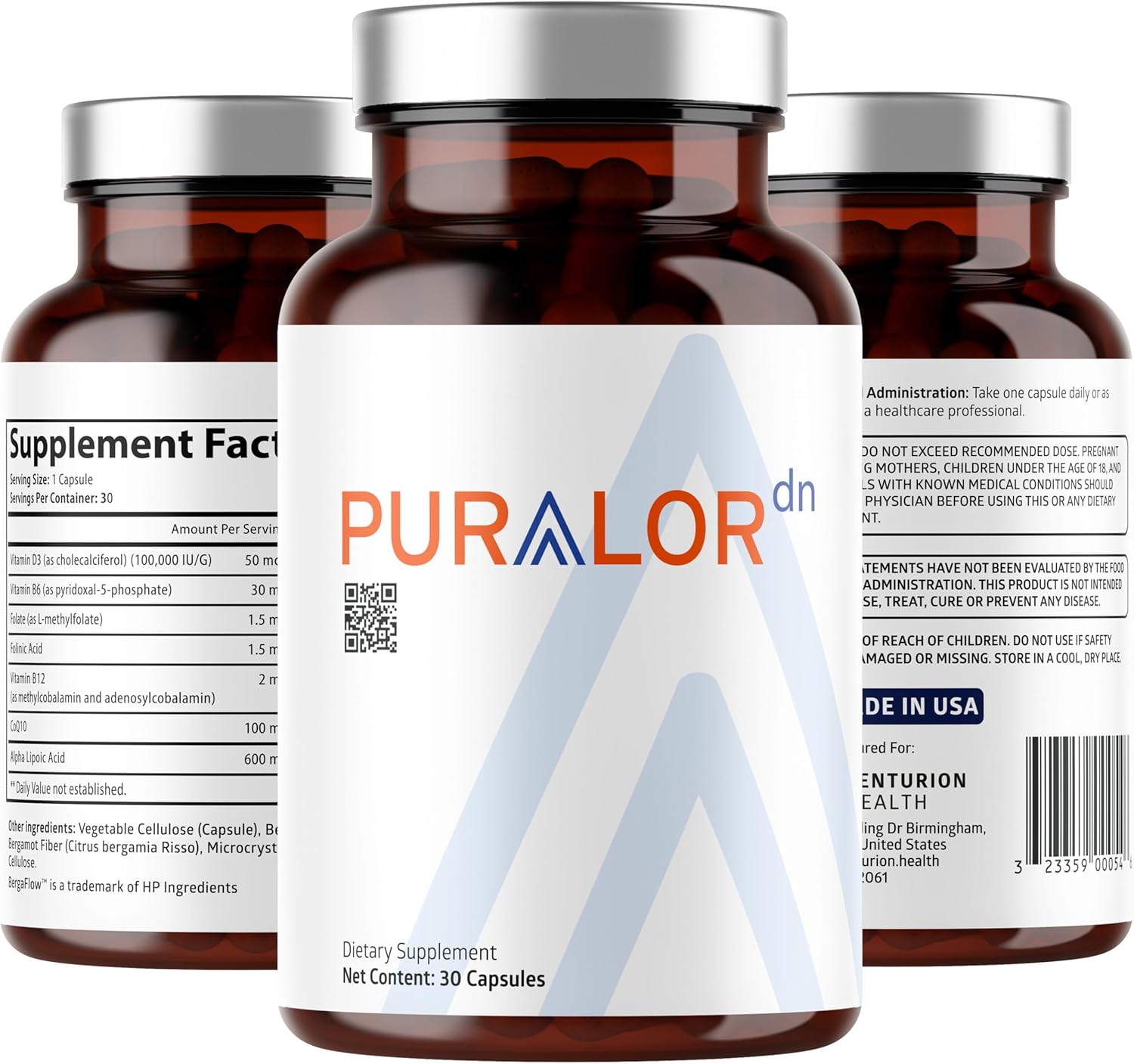 Puralor DN Nerve Support Supplement, Advanced Neuropathy Support Supplement with Alpha Lipoic Acid, CoQ10, Folate, Vitamin B12 and Vitamin D3, Non-GMO, Vegan, 30 Capsules