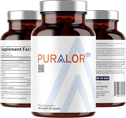 Puralor Suplemento de apoyo nervioso DN, suplemento avanzado de apoyo a la neuropatía con ácido alfa lipoico, CoQ10, folato, vitamina B12 y vitamina