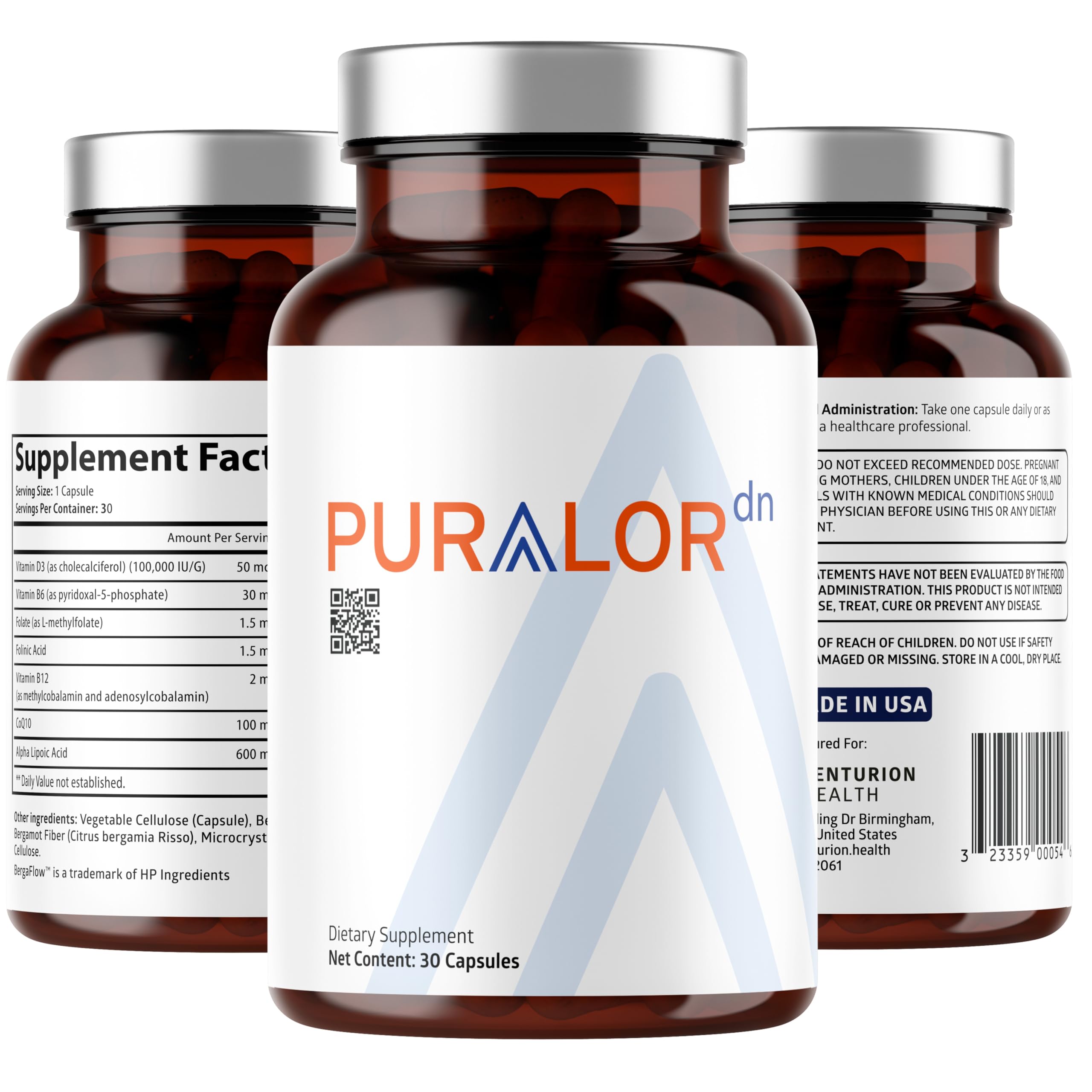 Puralor DN Nerve Support Supplement, Advanced Neuropathy Support Supplement with Alpha Lipoic Acid, CoQ10, Folate, Vitamin B12 and Vitamin D3, Non-GMO, Vegan, 30 Capsules