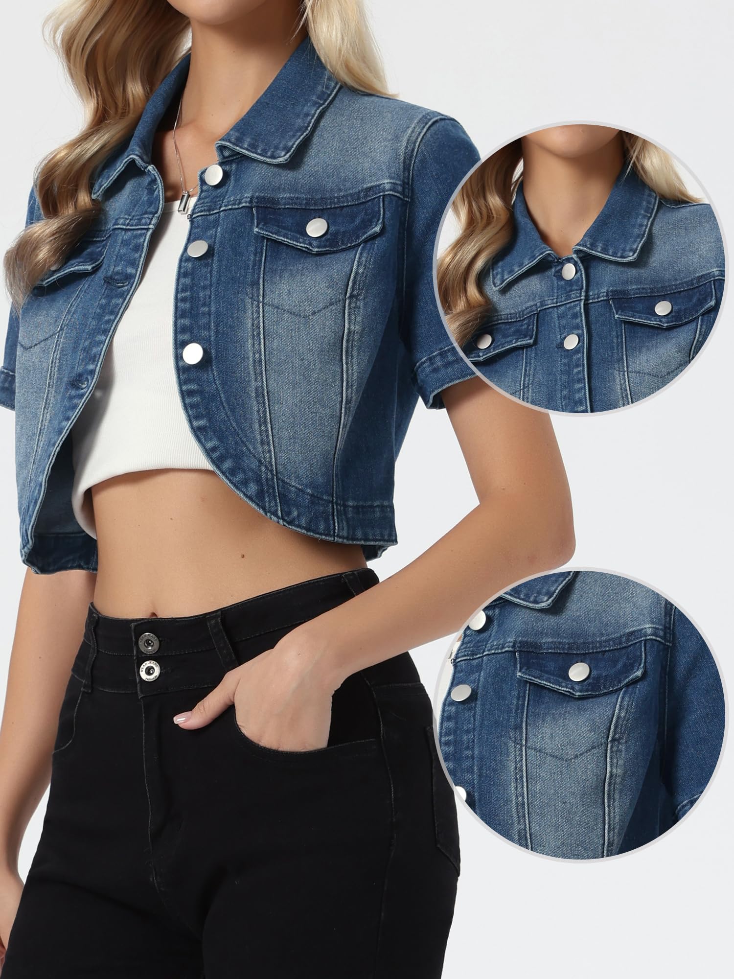 Allegra K Mujer Cazadoras Vaquera Casual Cuello Vuelto Manga Corta Torera Corto Denim con Botones