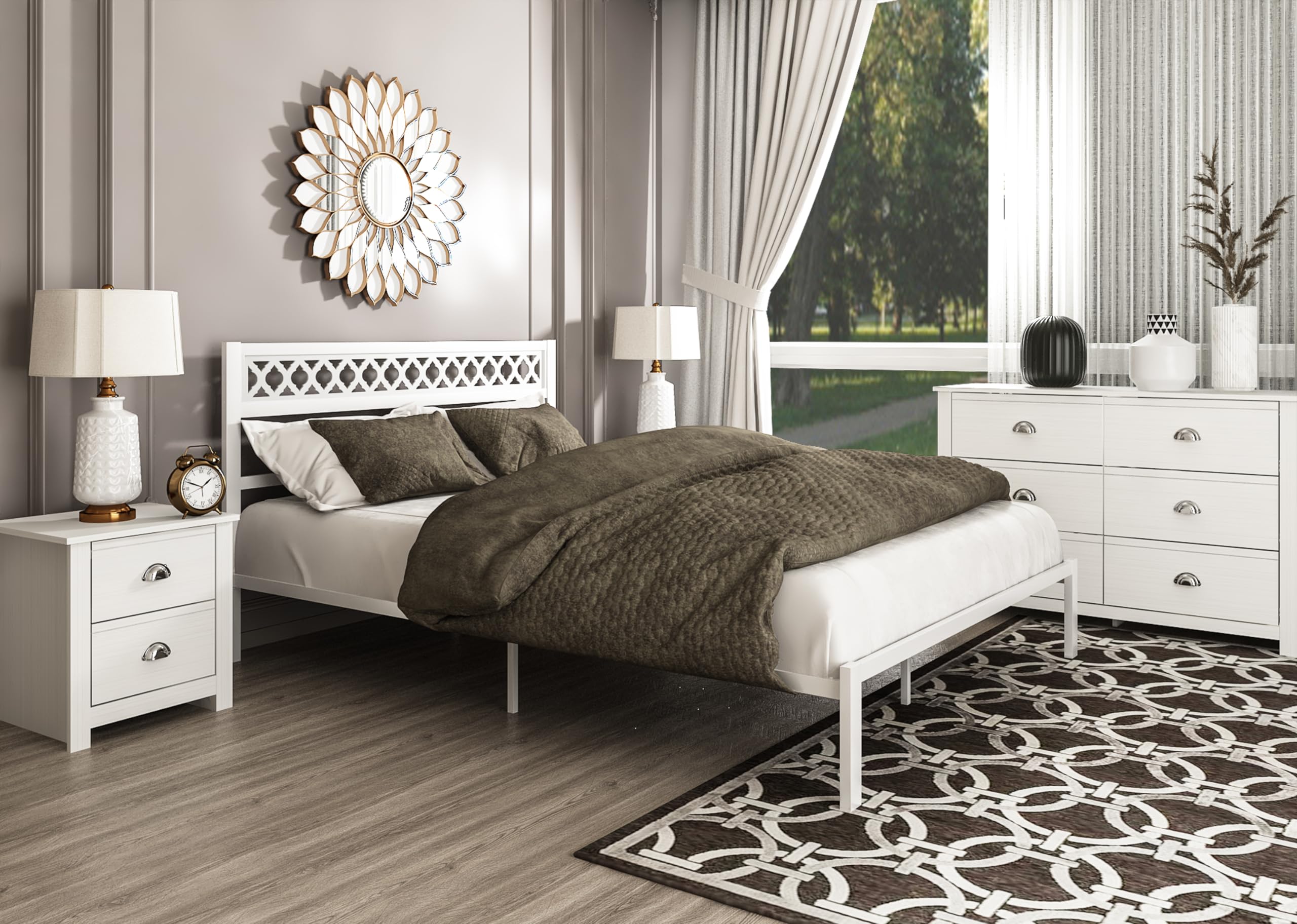 GalanoCandence Rossdale Queen Bed Frame No Box Spring Needed, Heavy Duty Metal Platform Bed Frame Queen Size with Headboard, Easy Assembly, Noise Free, White