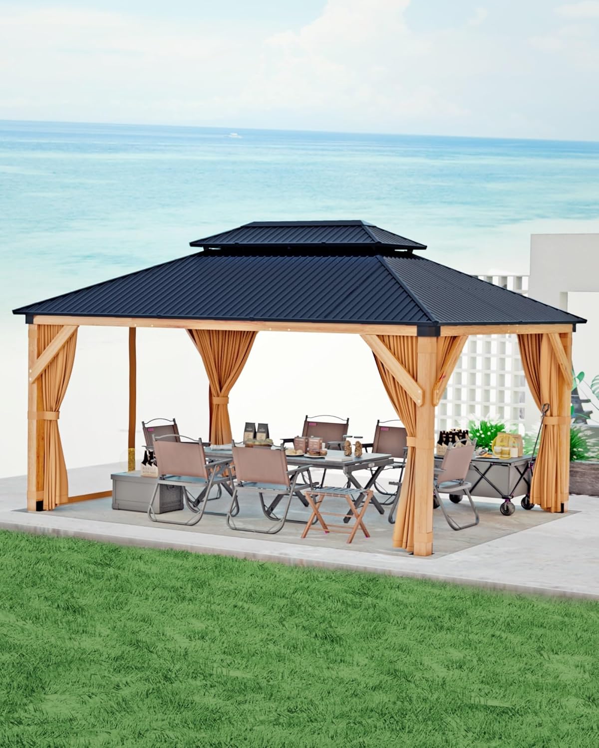 GAOMON Hardtop Spruce Wood Gazebo 10'x12', with Double Roof of Metal Sheets, 4.7'' Heavy Duty Poles, Net, and Curtain, Permanent Building for Patio, Deck, Backyard, Lawn, and Garden, Khaki Khaki 10'x12' Wood