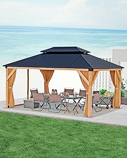 GAOMON Hardtop Spruce Wood Gazebo 10'x12', with Double Roof of Metal Sheets, 4.7'' Heavy Duty Poles, Net, and Curtain, Permanent Building for Patio, Deck, Backyard, Lawn, and Garden, Khaki