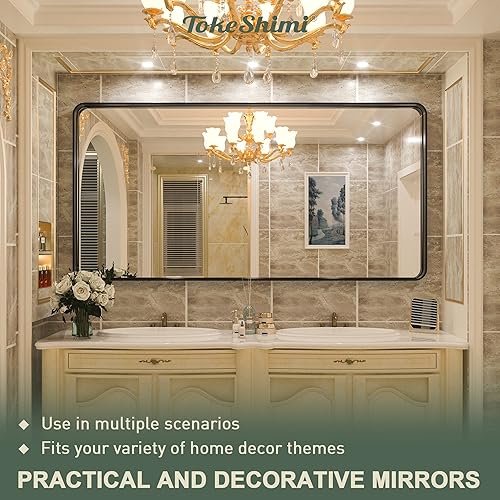 Miniatura 9 de TokeShimi Espejo de pared marrón de 72 x 36 pulgadas, espejo de tocador de baño con marco de metal, aleación de aluminio, esquinas redondeadas