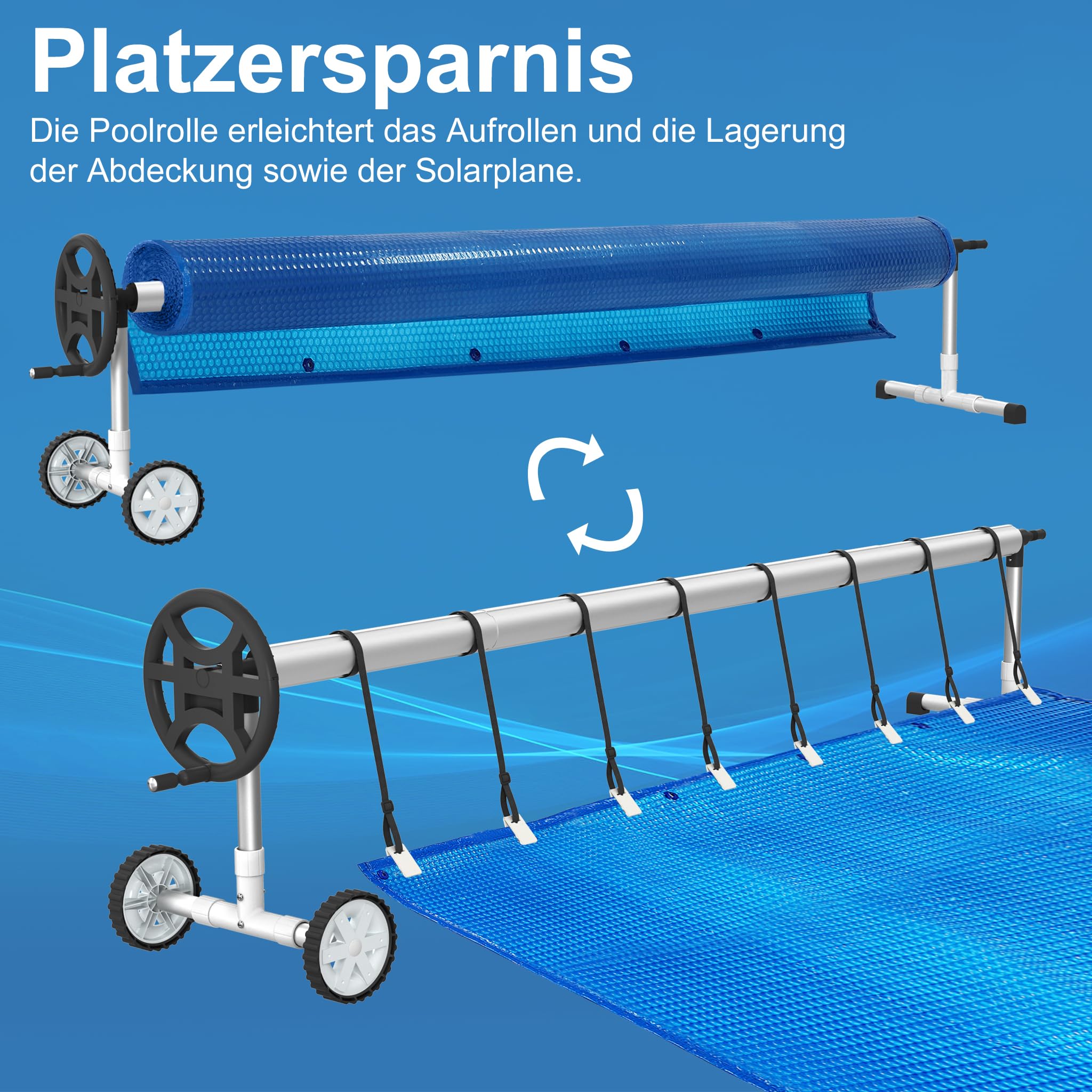 UISEBRT Pool Aufroller Mobiles Poolfolienaufroller 3m - 5,70m für Poolplane, Aufrollvorrichtung mit Befestigungsbändern & Rädern