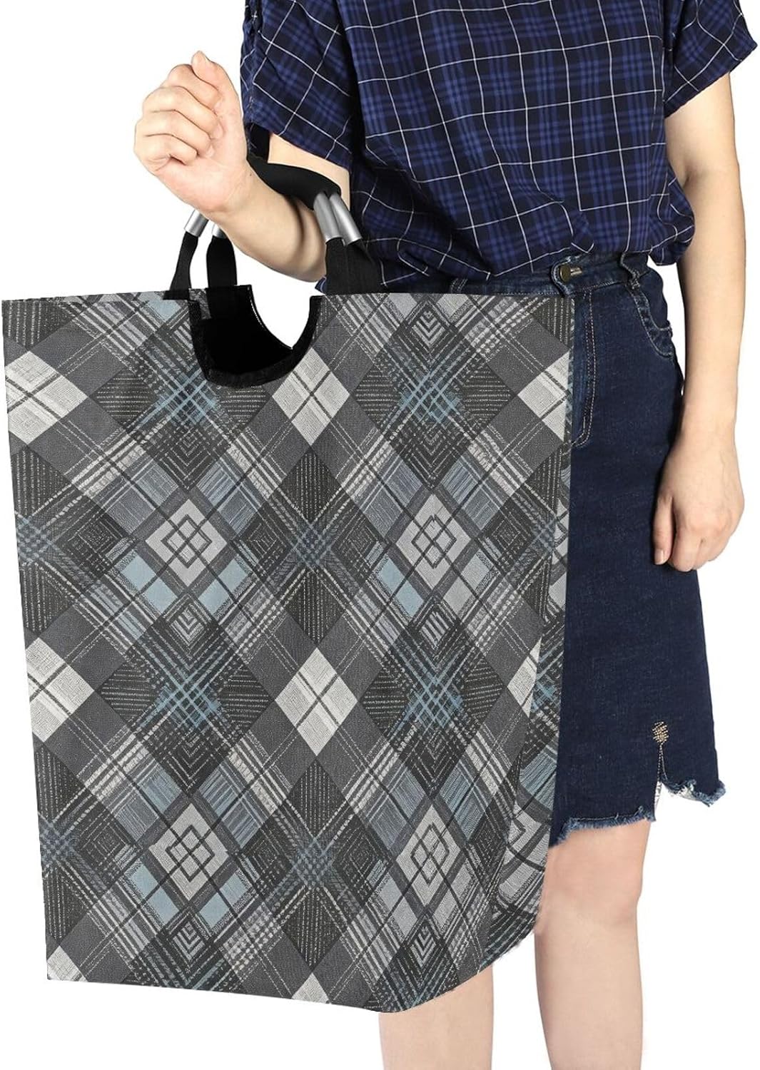 Charcoal Blue Rhombus Argyle Plaid laundry sorter tall