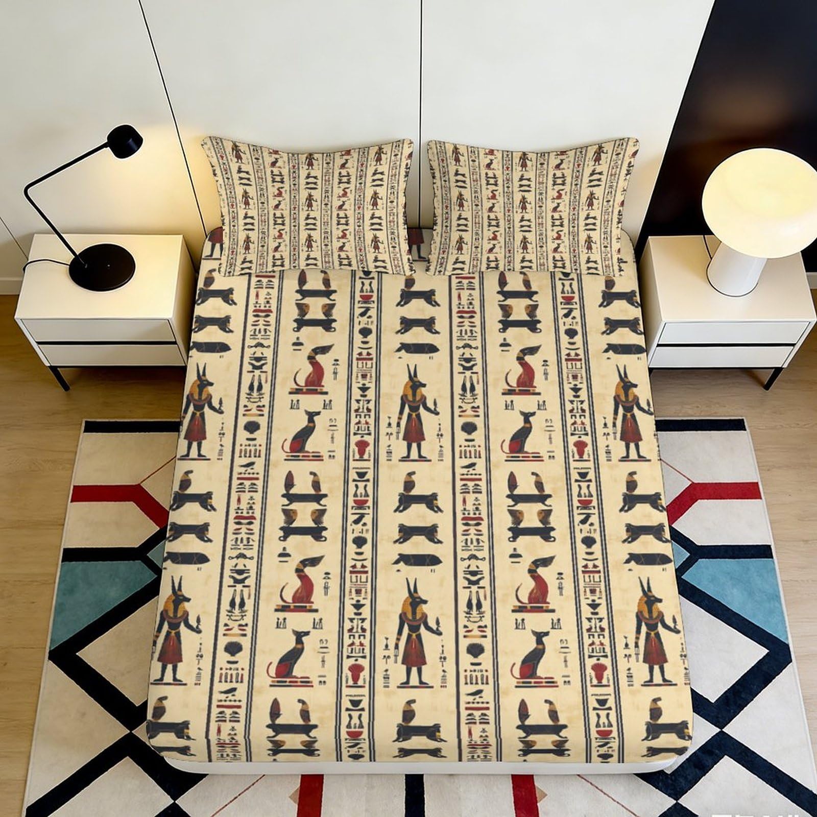 3D Printed Egyptian Hieroglyphs Fitted Sheet Microfiber Soft Breathable Ancient Pharaoh Bed Cover for Bedroom Decor Dorm Mattress Protection 90x200x25cm