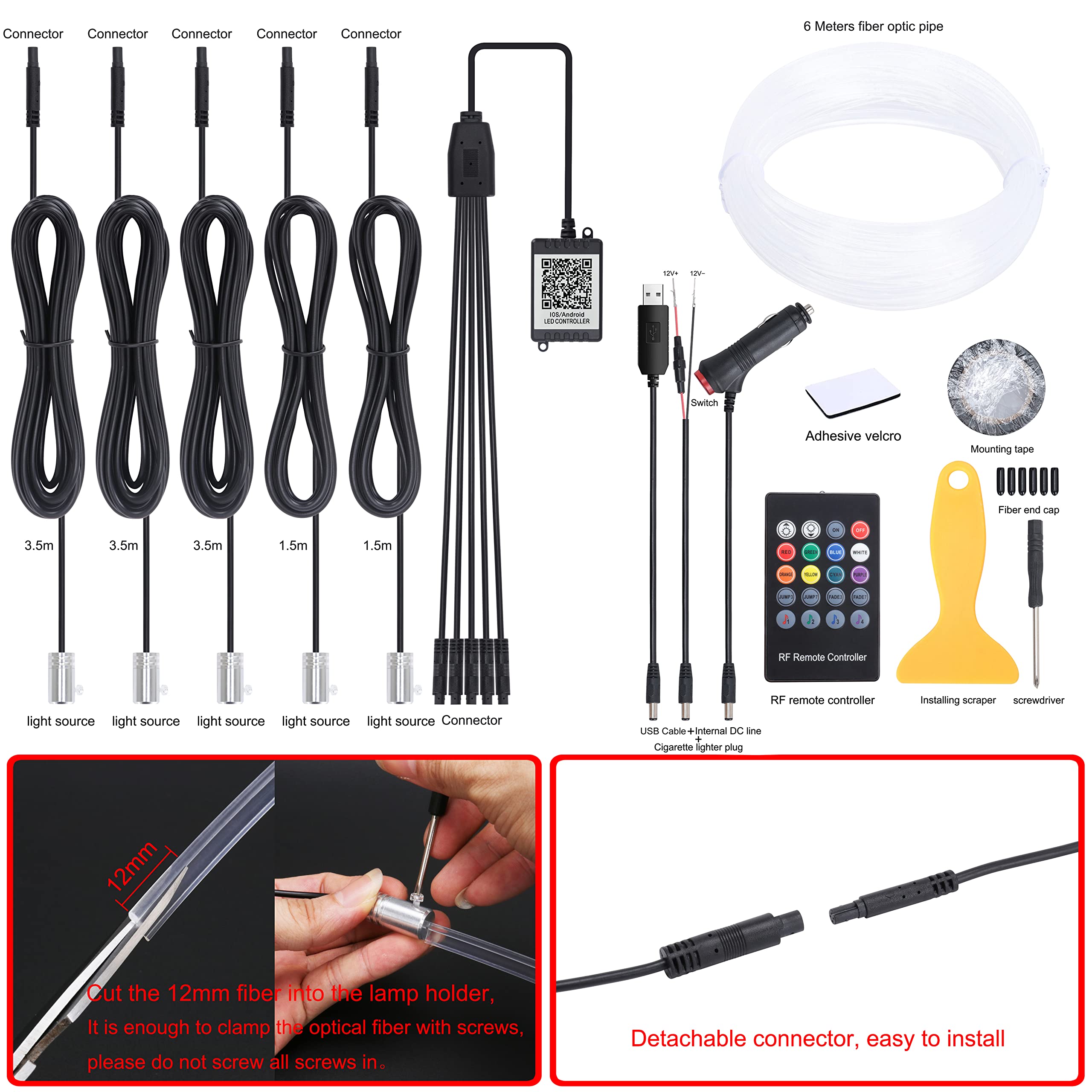 QAUBEN Car Ambient Lighting Optic Fiber Cable 64 Colors Music Sound Active with RF Remote Control + APP Control Car Decorative Atmosphere Lighting Kit DC 12V 1W 6m