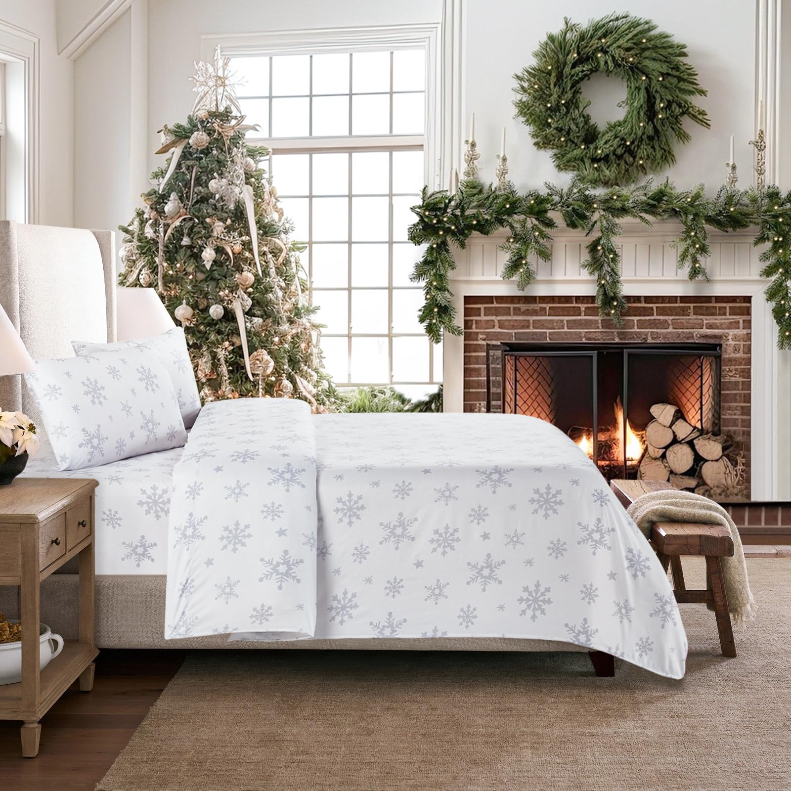 Sheet Set Queen Size 4PC Printed Bed Sheets Snow White Gray Soft Microfiber 15”Deep Pocket Sheet Set, Easy Care, Breathable, Wrinkle Free, Machine Washable Bed Set