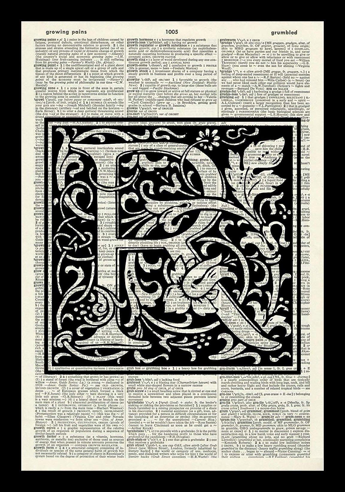 LETTER R-ALPHABET ART PRINT-VINTAGE ART PRINT-WILLIAM MORRIS Art Print-Illustration-Black & White Print-Personalised Gift-Vintage Dictionary Art Print-Home D&eacutecor-Book Print 14x11 inches