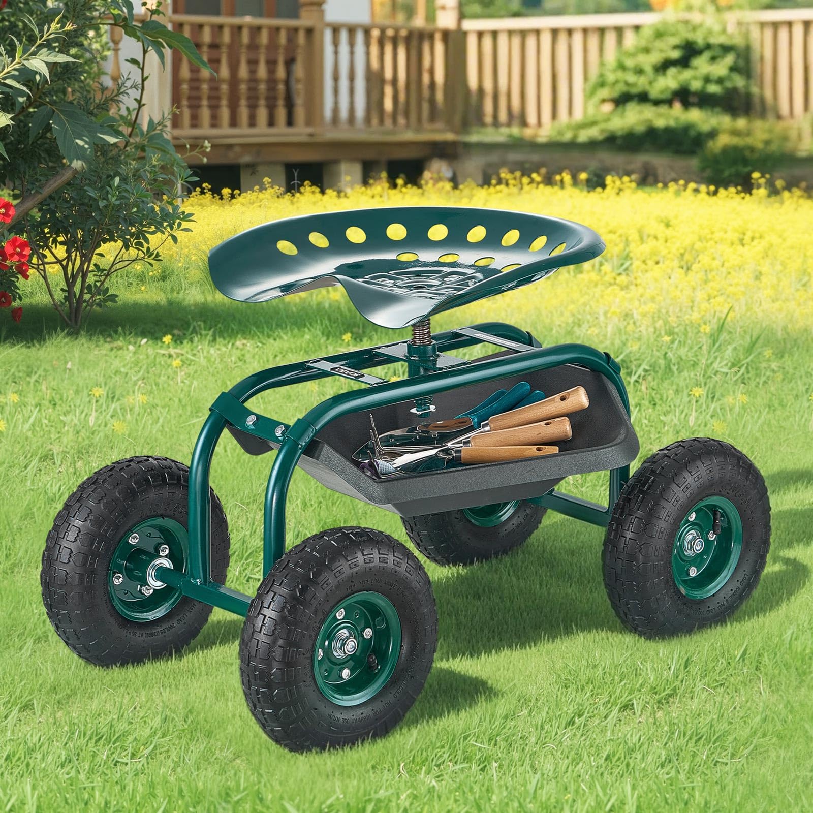 VEVOR Siège de Jardin Roulant, Tabouret de Jardinage sur Roues Robuste avec Panier de Rangement à Outils, Capacité de Charge 136 kg, Chariot avec Siège pour Désherbage, Plantation, Terrasse, Extérieur