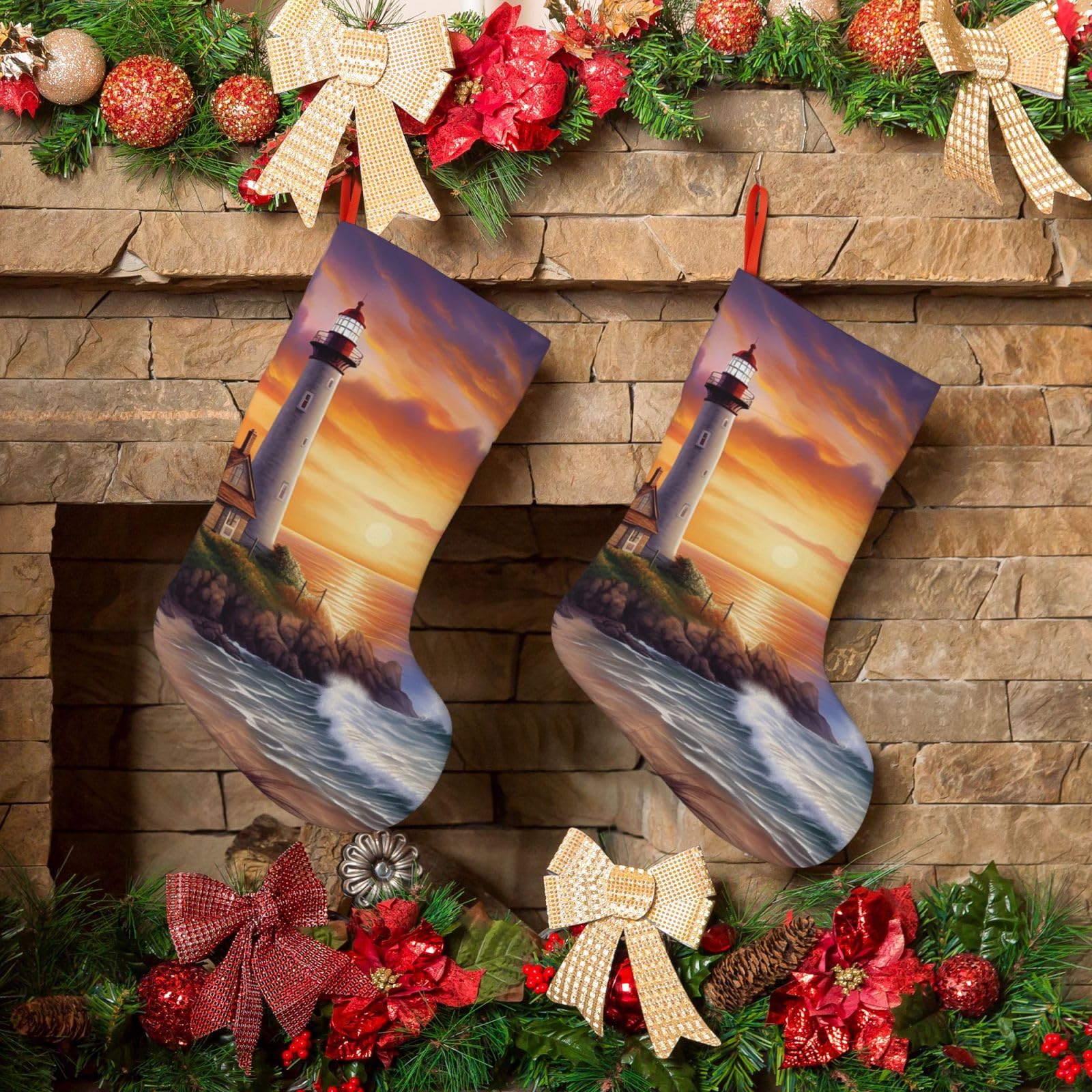 Lighthouse at Sunset Christmas Stockings 18 Inches Velvet Xmas Fireplace Hanging Stocking Rustic Christmas Santa Stockings for Home Christmas Decorations Party Favor Supplies