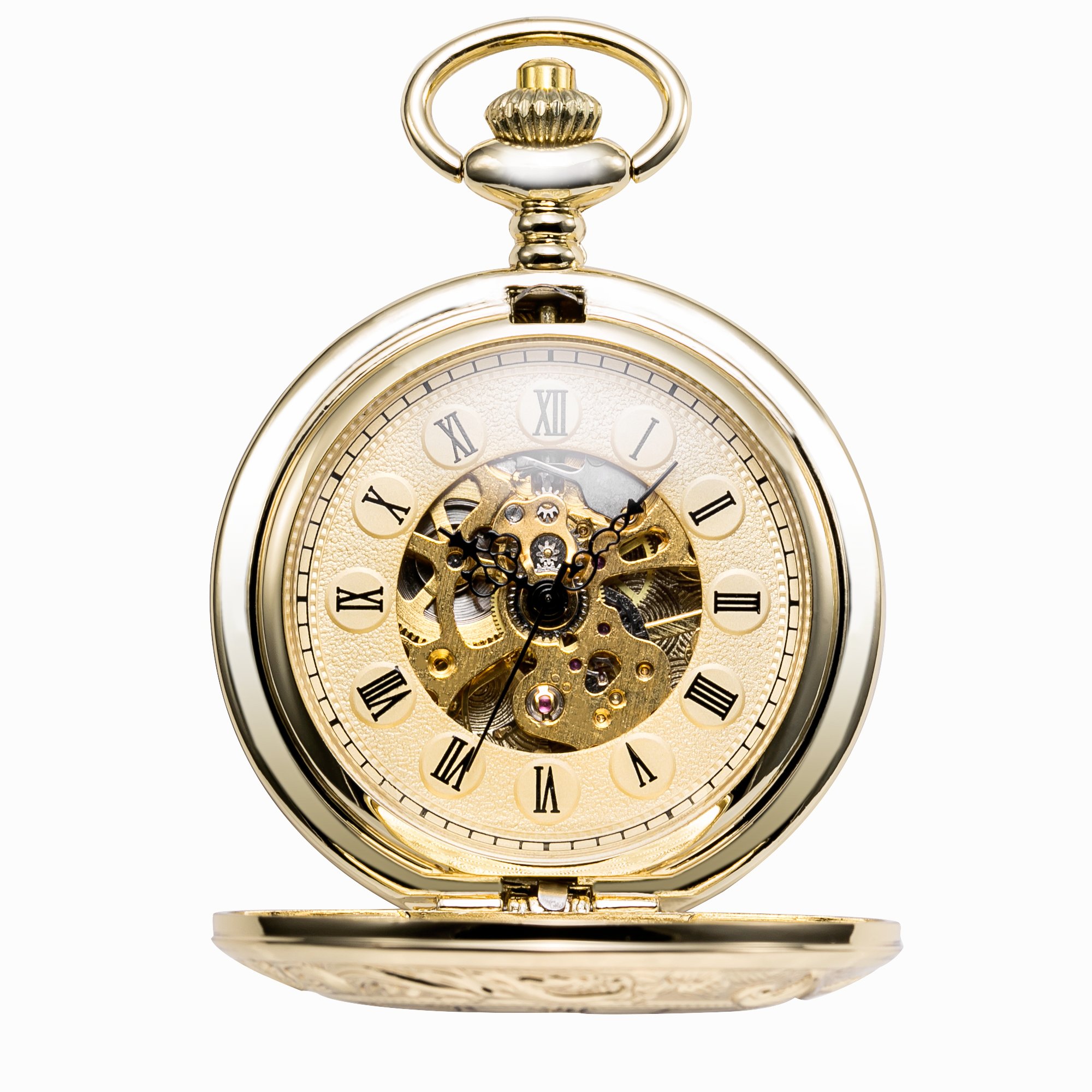 TREEWETO Unisex Taschenuhr mit Kette Analog Handaufzug Doppelscharnier Römische Ziffern Gold/Silber