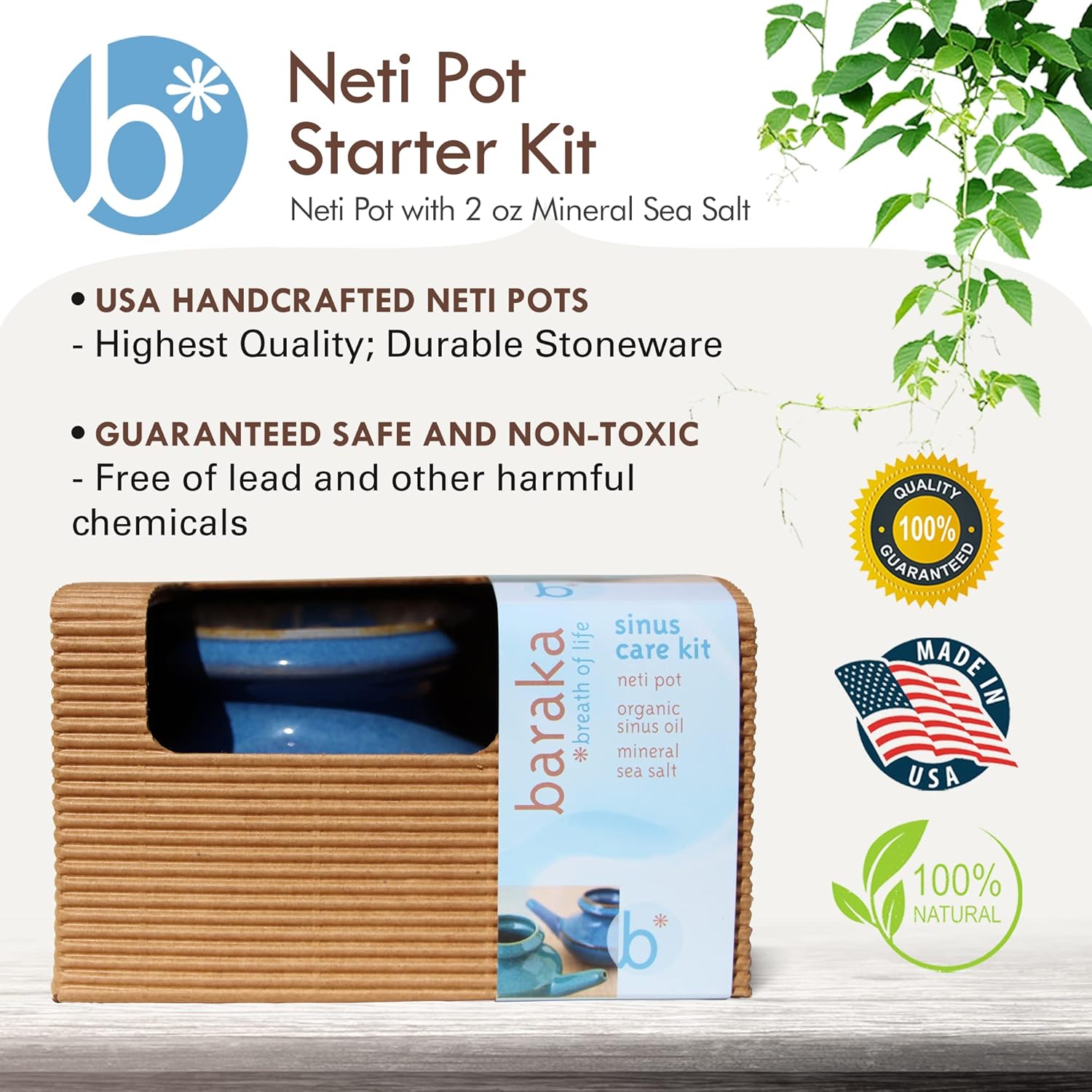 Baraka Handcrafted Ceramic Neti Pot w/ Box and 2 oz Mineral Sea Salt Rinse (Blue) - Tool Kit for Home - Relaxing Gifts for Women - Snoring & Saline Solution : Health & Household