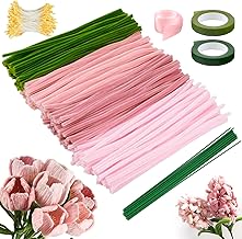 VIBINHO 300 PCS Fil Chenille, Kit Bouquet Cure Pipe pour Fleurs Tulipes avec Fil Métallique Vert, Ruban Floral, 2 Rouleaux de Ruban Adhésif, Étamines Artificielles, Bouquet pour Décoration DIY (Rose)