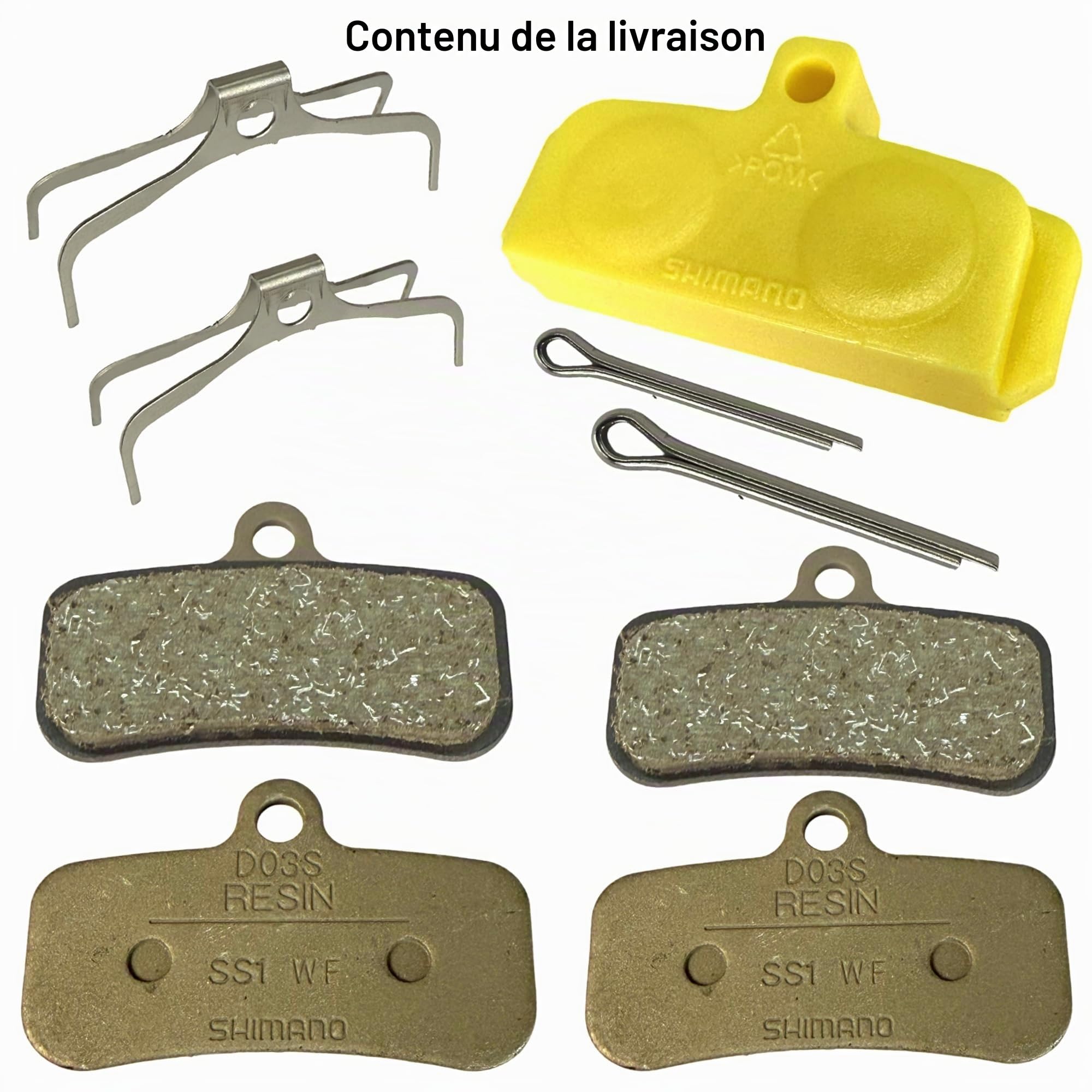 BP-D03S-RX Lot de 2 paires de plaquettes de frein en résine d'origine compatibles avec Shimano (D01S, D02S) Freins à disque 4 pistons pour vélo VTT électrique Deore XT Saint Zee + bloc métallique | Freins à disque 4 pistons plaquettes de frein vélo VTT Eb