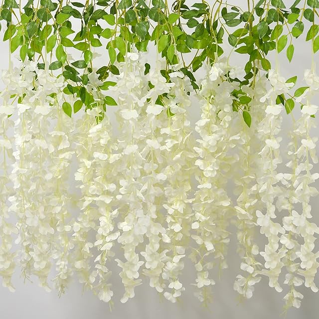 AIBAOBAO Artificial Flowers Wisteria 12PCS, Fake Flowers Vine Garland, Hanging Trailing Plants Bush String Flower for Wedding, Party, Ceremony, Home, Garden, Outdoor, Indoor Decoration (White)