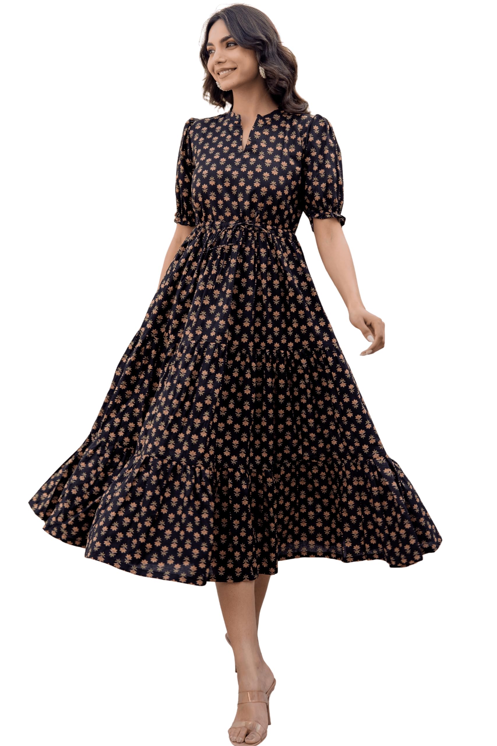 Pure Cotton Calf Length Midi Dress for Women Floral Print | Flared Anarkali Dress Puff Sleeves-image-16
