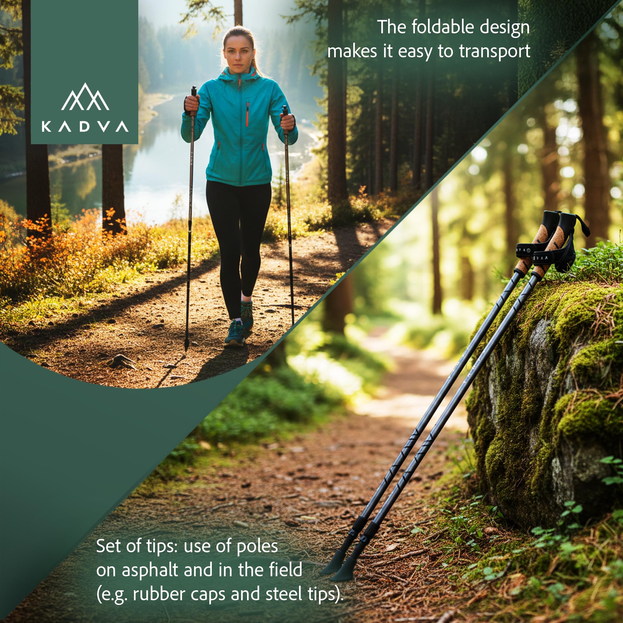 KADVA Bastoncini da Nordic Walking ARUKU in Nero, misura regolabile 83-135 cm Sistema Twist Lock che garantisce stabilità e sicurezza Riduzione delle vibrazioni Punta in acciaio