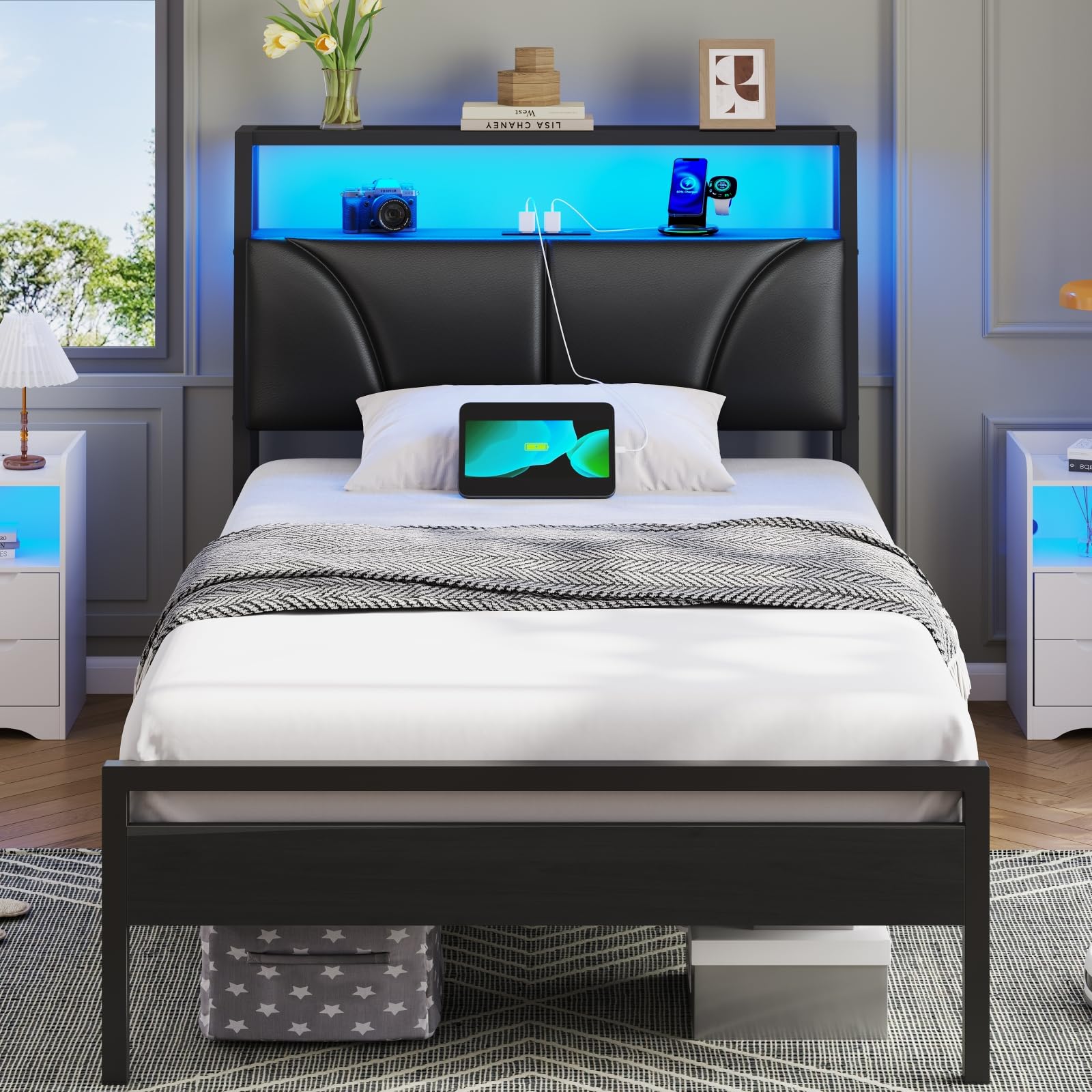 Brinlawb Single Bed Frame with Charging Station (2 AC Sockets, 1 USB‑A, 1 Type‑C Port) and LED Lights, 90x190 cm Stable Metal Bed Frame with Upholstered Headboard & 2-Tier Open Storage Shelves, Black