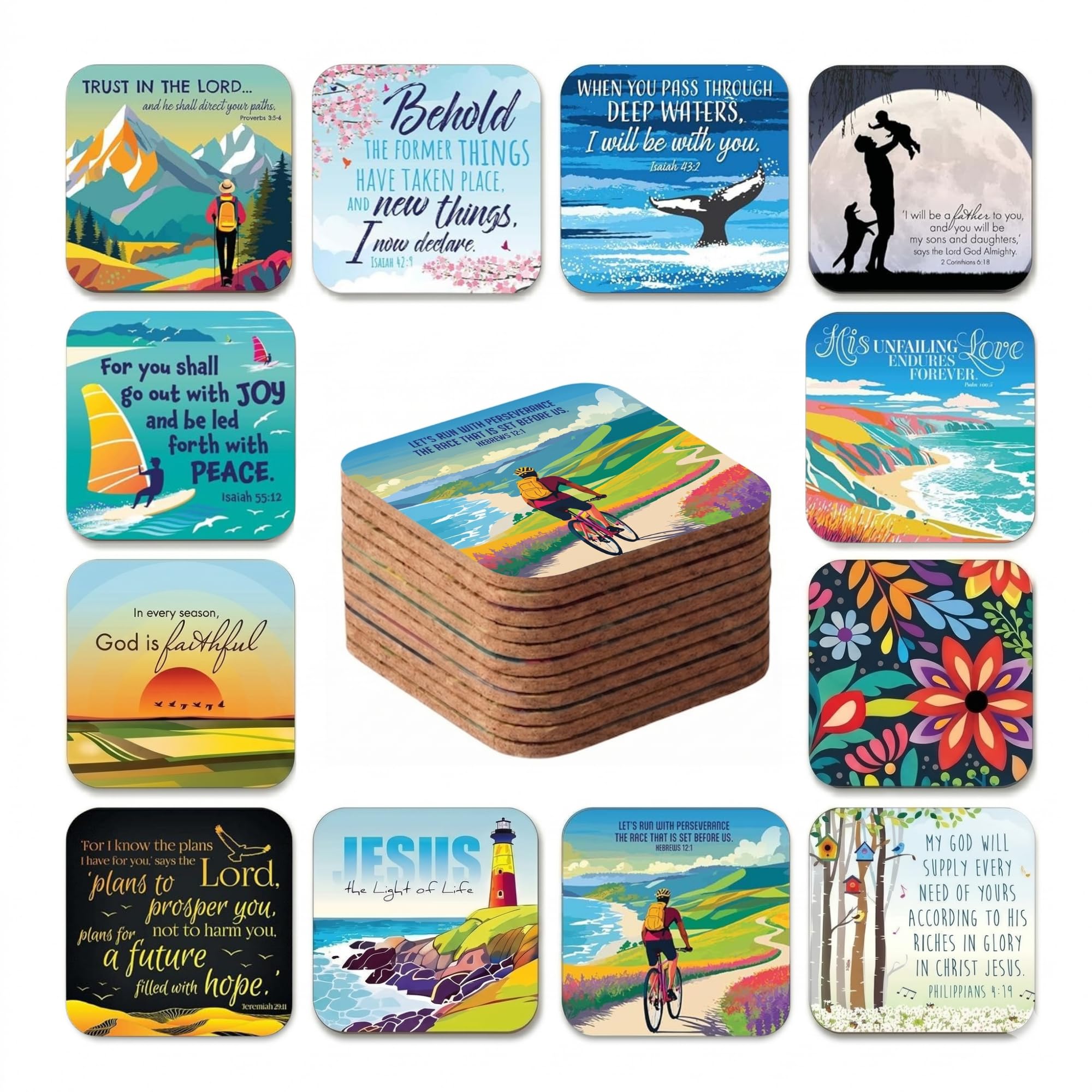 Christian Coasters set of 12, each of a different design, with Bible verses or inspirational words. Beautiful Christian gifts for women or men, by Just Cards Direct (C472)