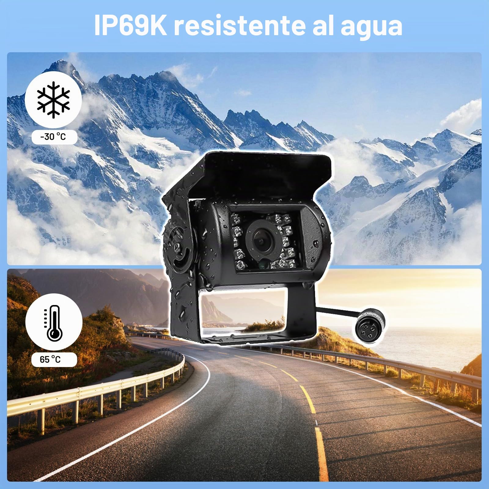 CAMECHO Cámara de Marcha Atrás con Pantalla de 7 Pulgadas 4 Split Monitor+ 2 Vision Nocturna Impermeable Cámara Trasera+ 4 Pines 33 ft Aviación Cables para Coche/RV/Autobús/Remolque(12V-24V)