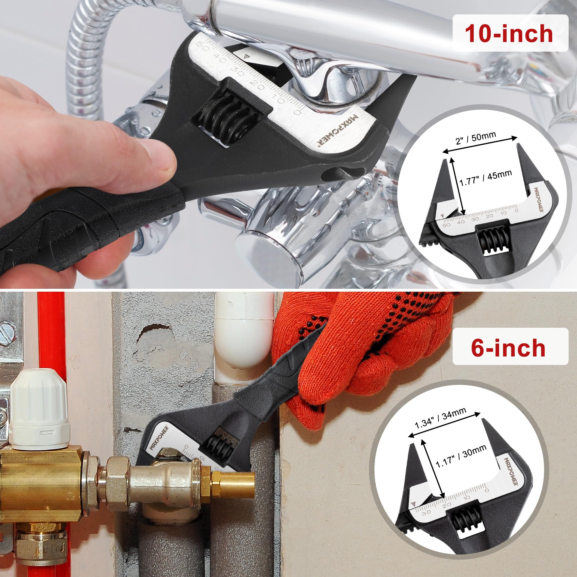 MAXPOWER Llave ajustable de mandíbula delgada, juego de llaves ajustables de apertura ancha de 2 piezas, llaves ajustables de 6 y 10 pulgadas, mandíbula fina, mango de agarre suave