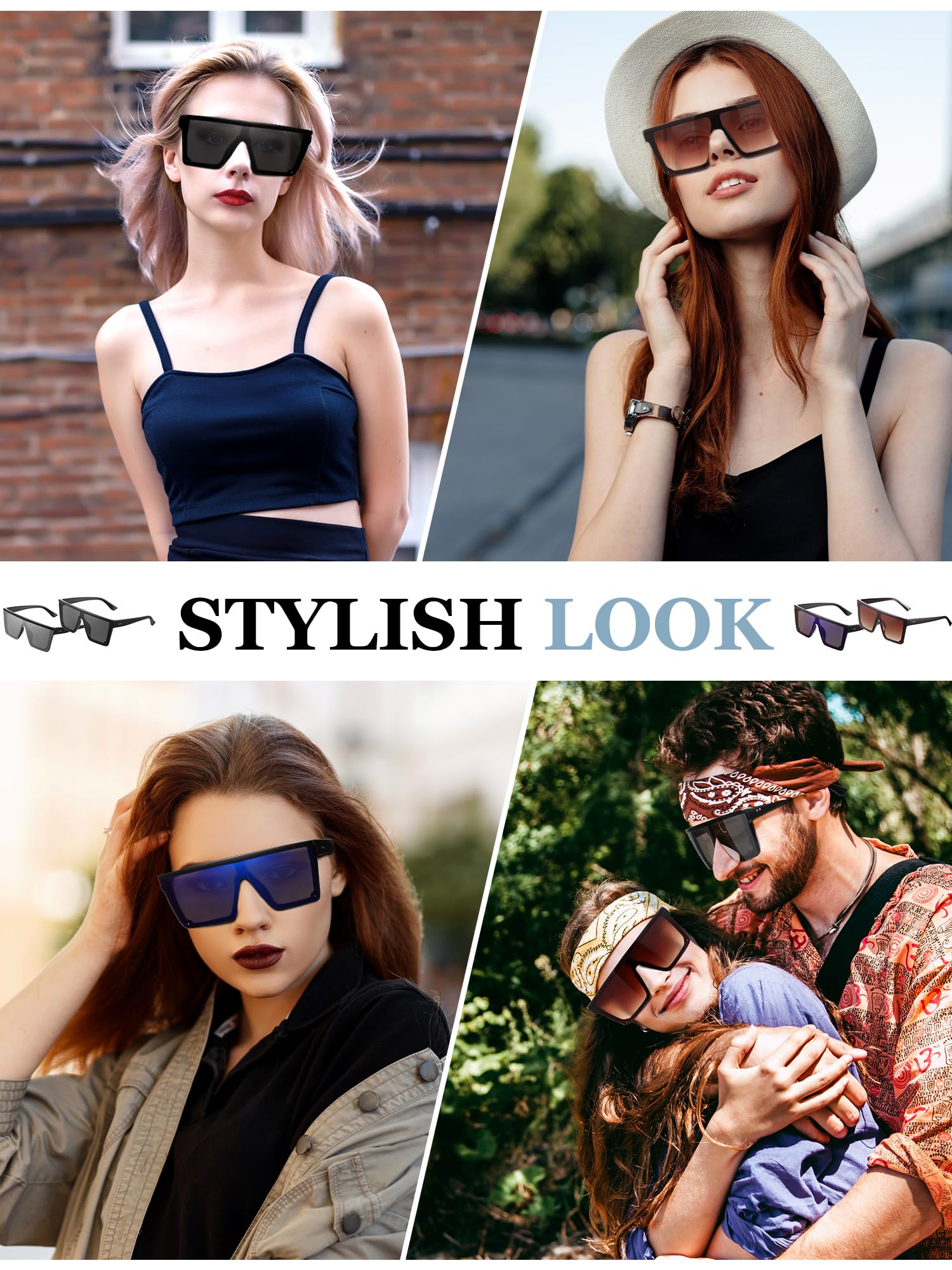 4 pares de lentes de sol de gran tamaño con parte superior plana vintage, gafas de sol cuadradas unisex para mujeres y hombres, Azul hielo, gris, plata, marrón degradado 7