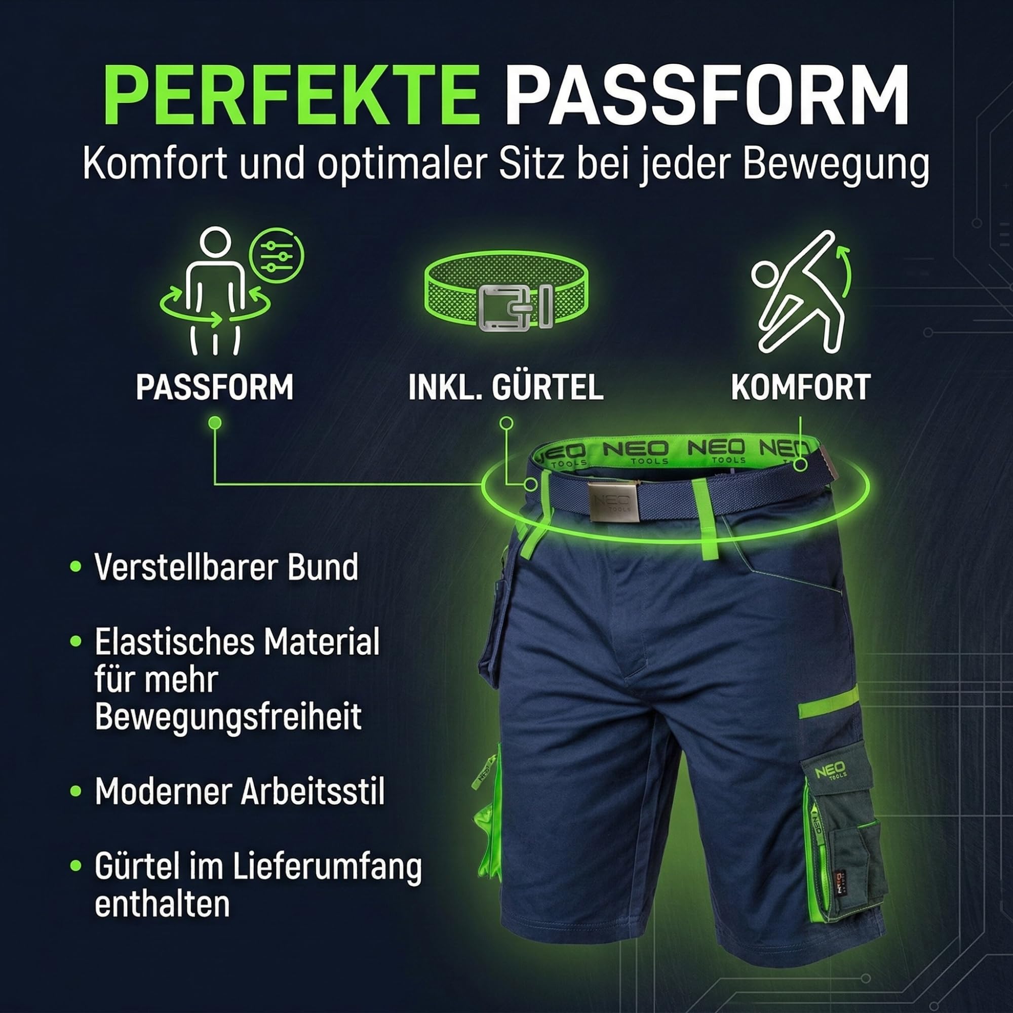 NEO TOOLS Herren Premium Kurze Arbeitshose mit Hosengürtel oder Komplett Sommer-Arbeitskleidungsset Set - Gr. XS - 3XL | Modisches Design, mit Cordura Verstärkt, Multifunktionstaschene
